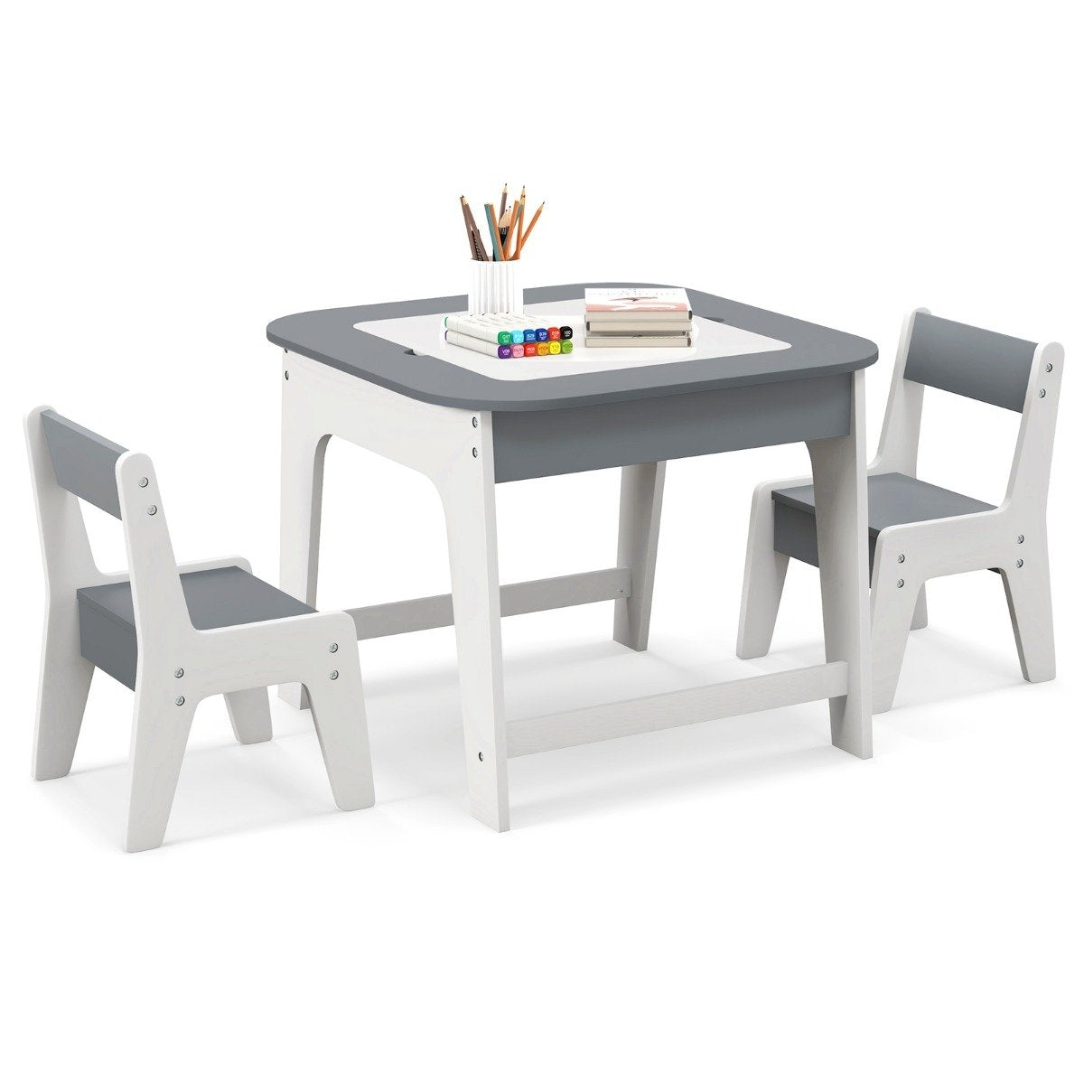 Children's table with 2 chairs 3-piece children's seating group made of wood with double-sided table top grey