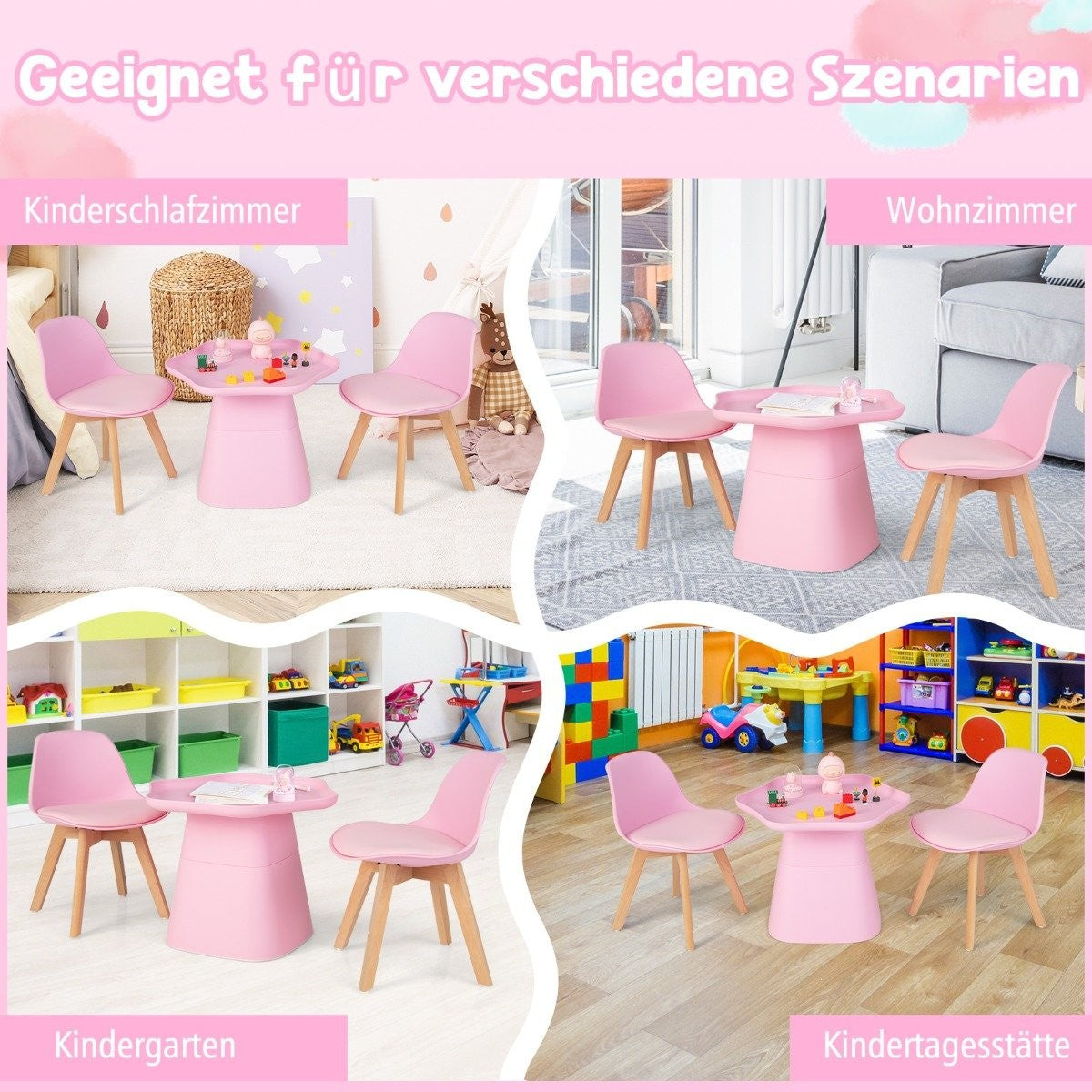 Children's table with 2 chairs 3 pieces. Children's seating group made of beech wood children's seating set pink
