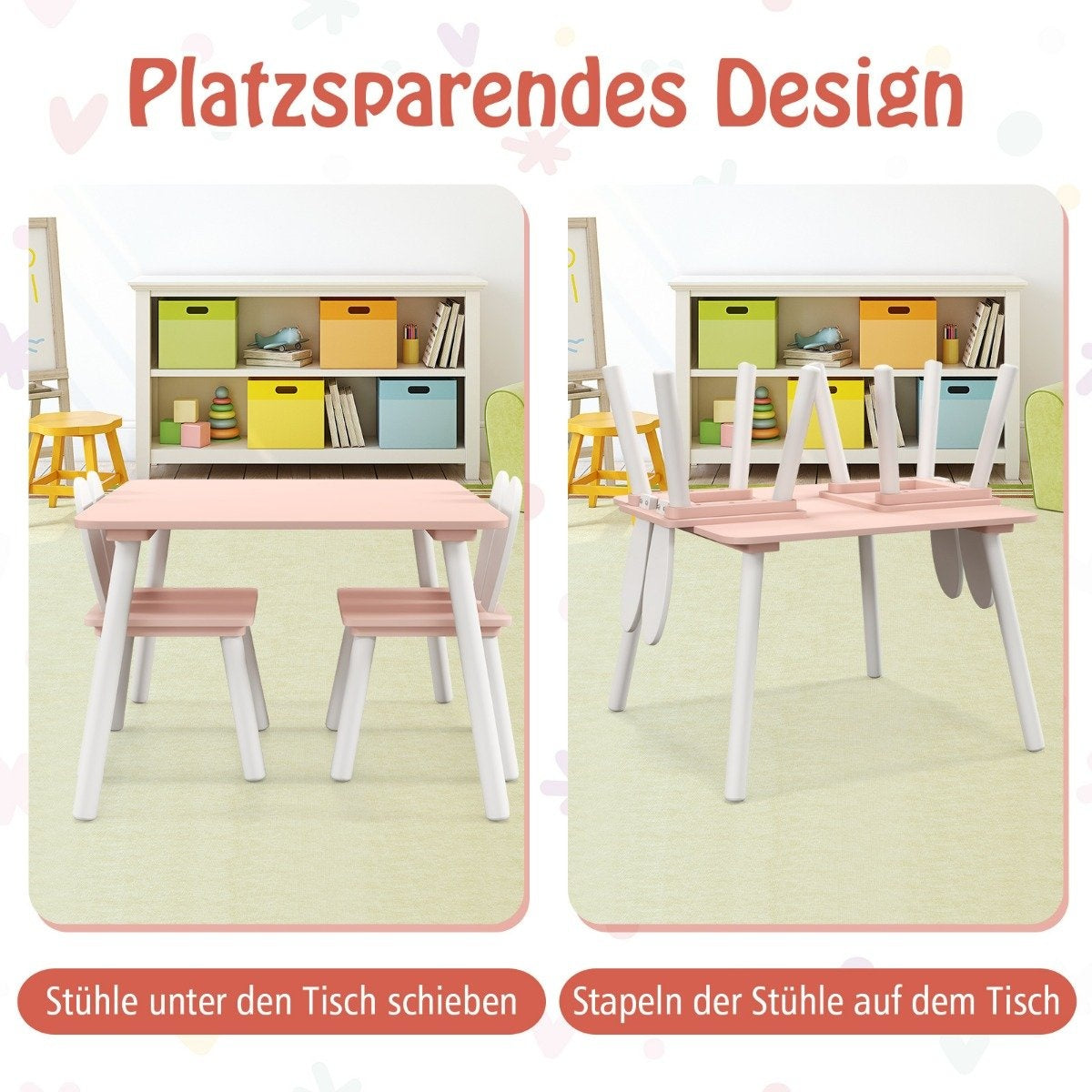 Children's table with 2 chairs 3 pieces. Children's seating group with pink solid wood legs