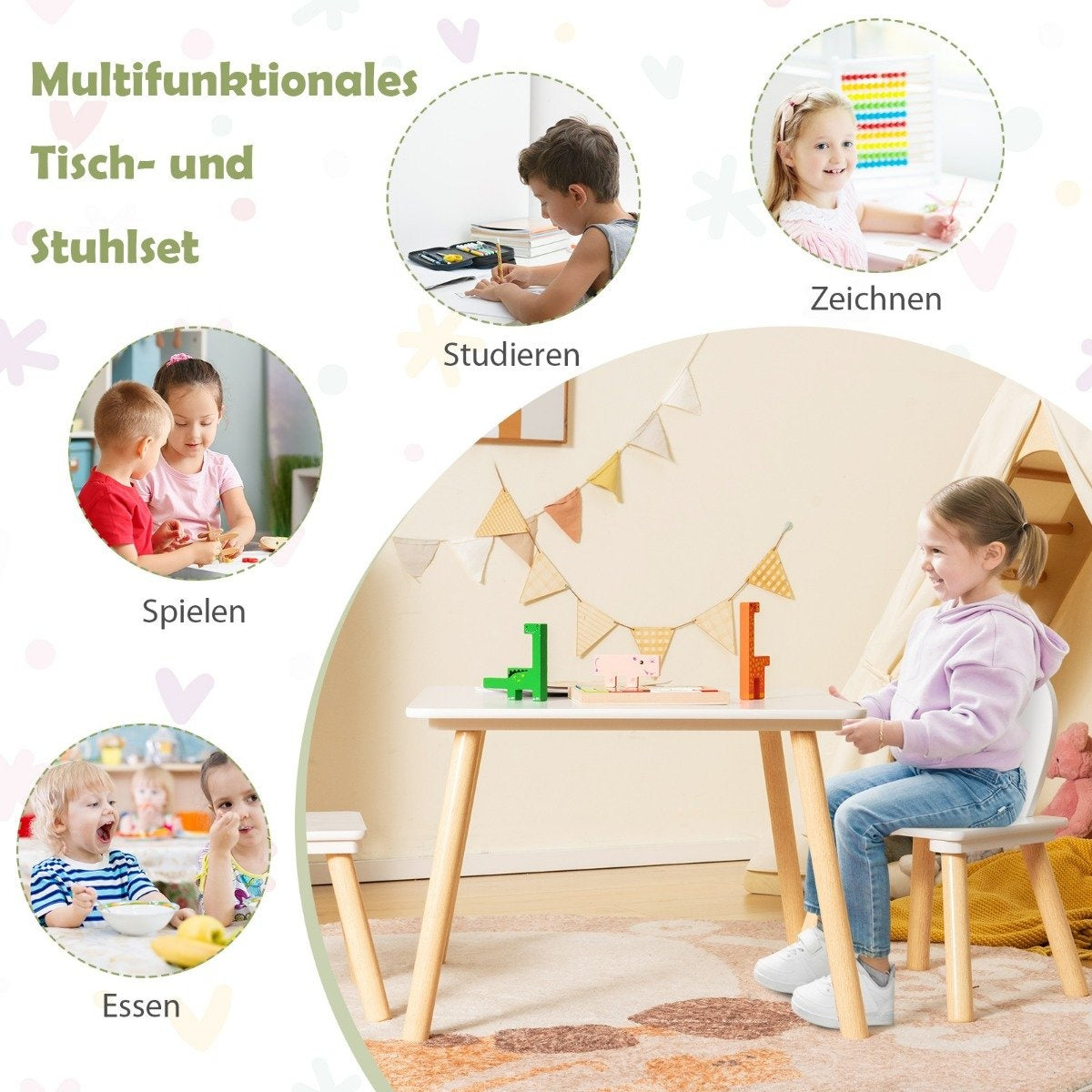 Children's table with 2 chairs (3-piece set). Children's seating group with solid wood legs and bunny ears backrest.
