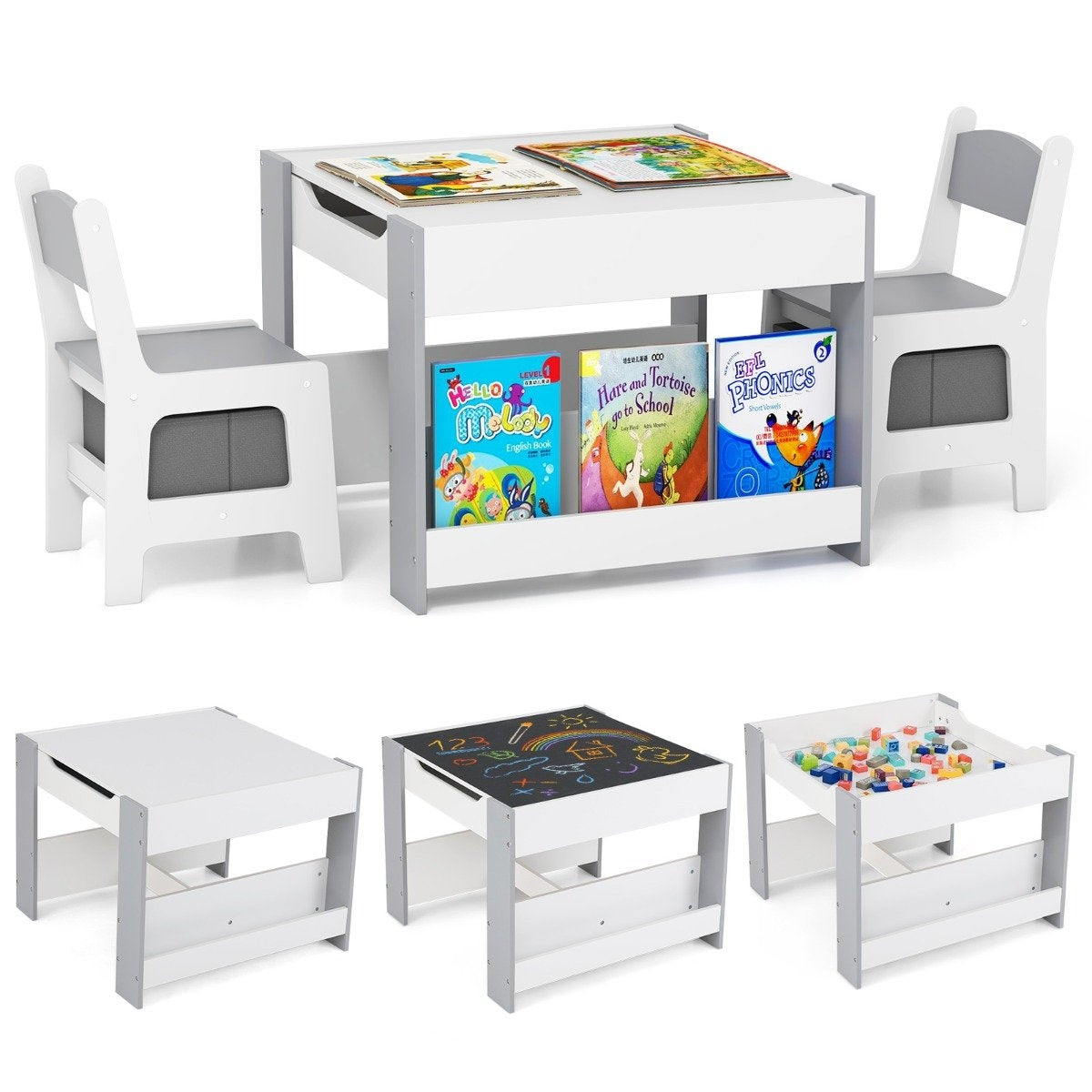Children's table with 2 chairs &amp; Reversible table top &amp; Bookshelves 3-piece children's seating group gray