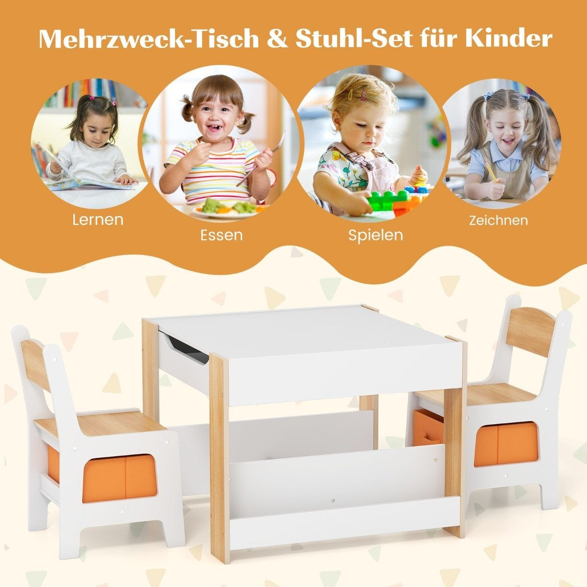 Children's table with 2 chairs &amp; Reversible table top &amp; Bookshelves 3-piece children's seating group natural