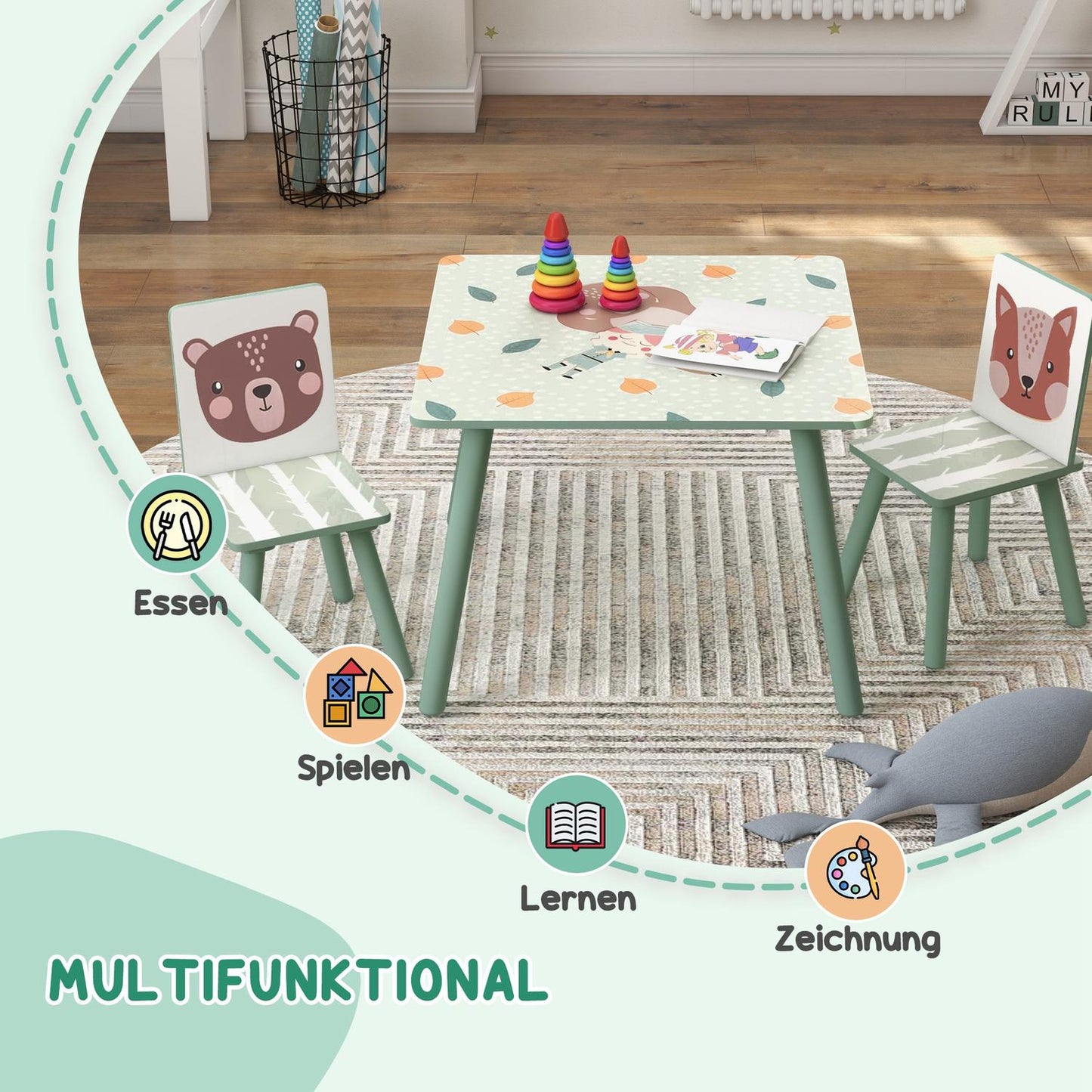 Children's table and chairs - animal design, 3-8 years, green