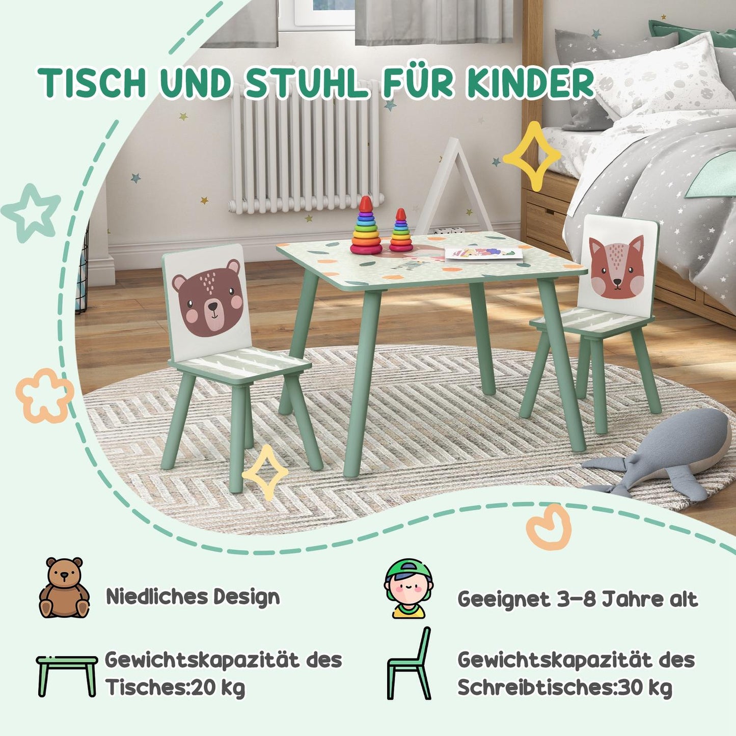 Children's table and chairs - animal design, 3-8 years, green