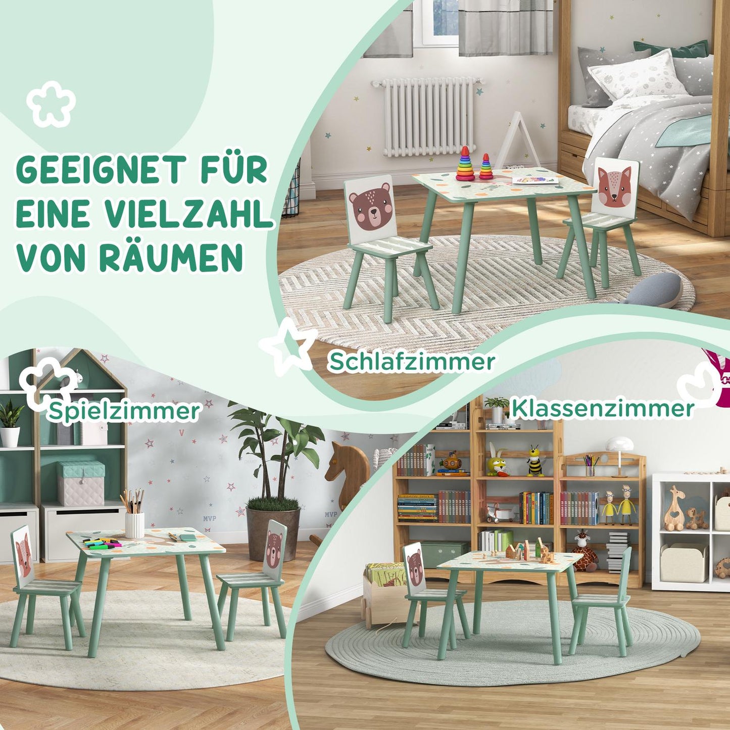 Children's table and chairs - animal design, 3-8 years, green