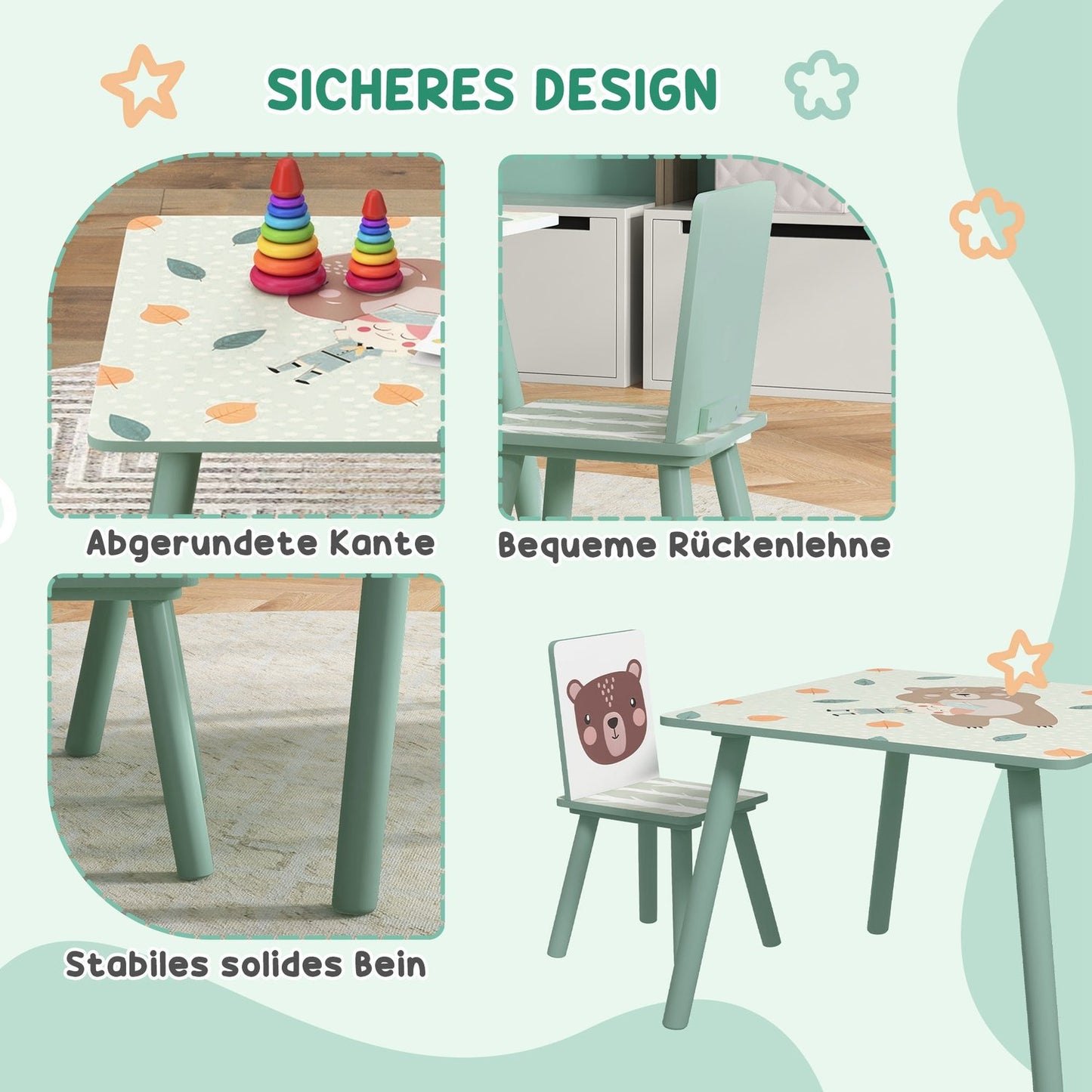 Children's table and chairs - animal design, 3-8 years, green
