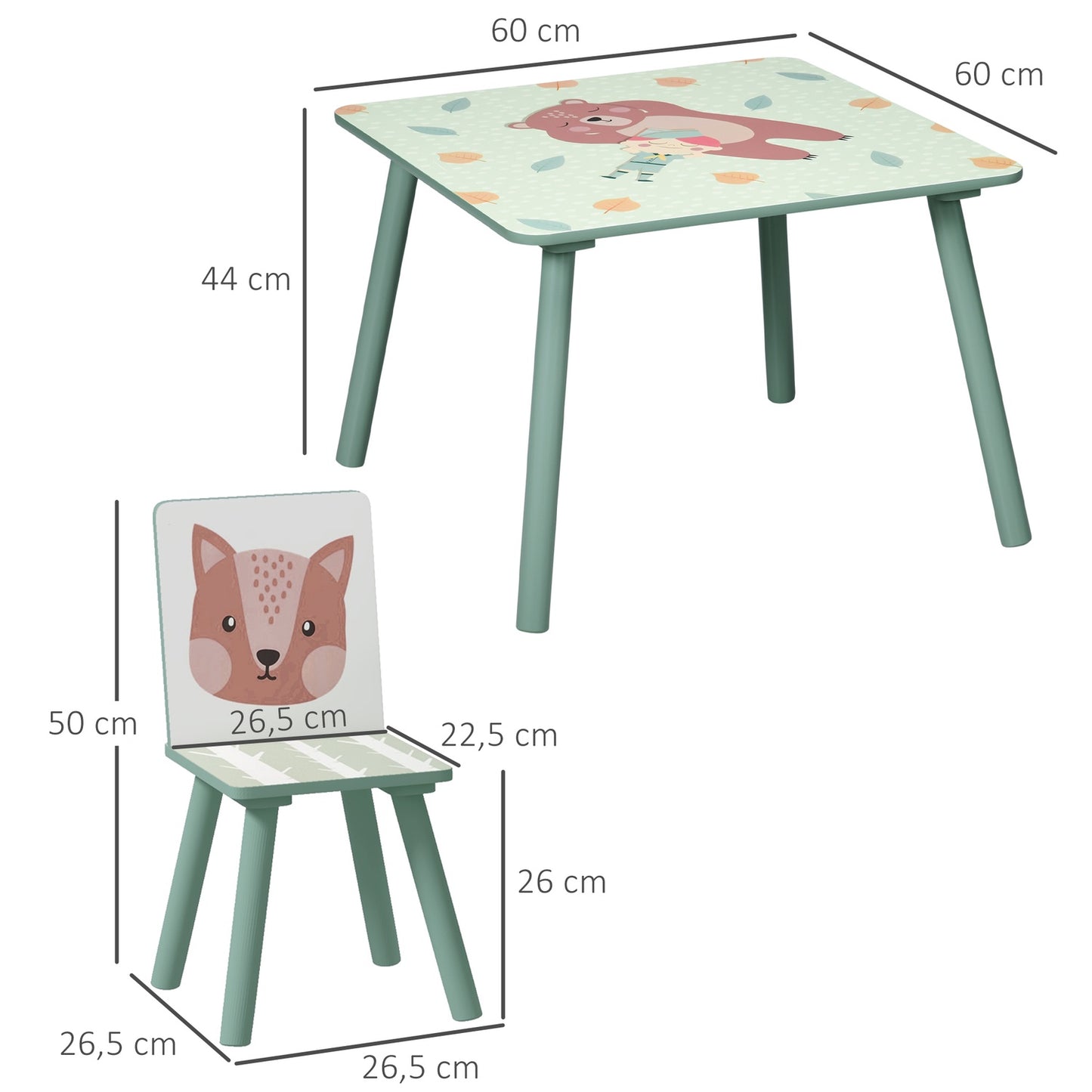 Children's table and chairs - animal design, 3-8 years, green