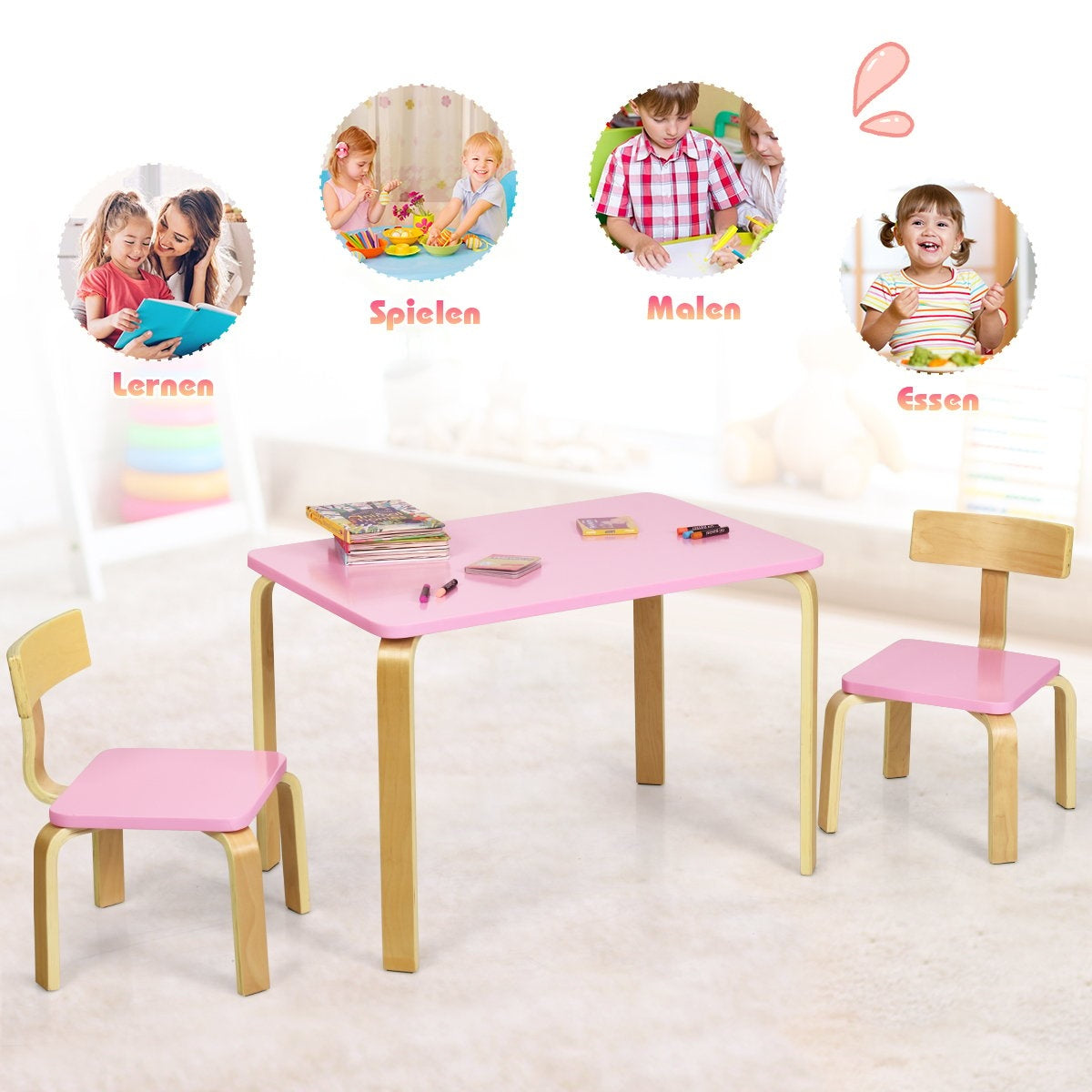 Children's table with 2 wooden chairs 3 pieces. Children's seating group Seating group for children pink