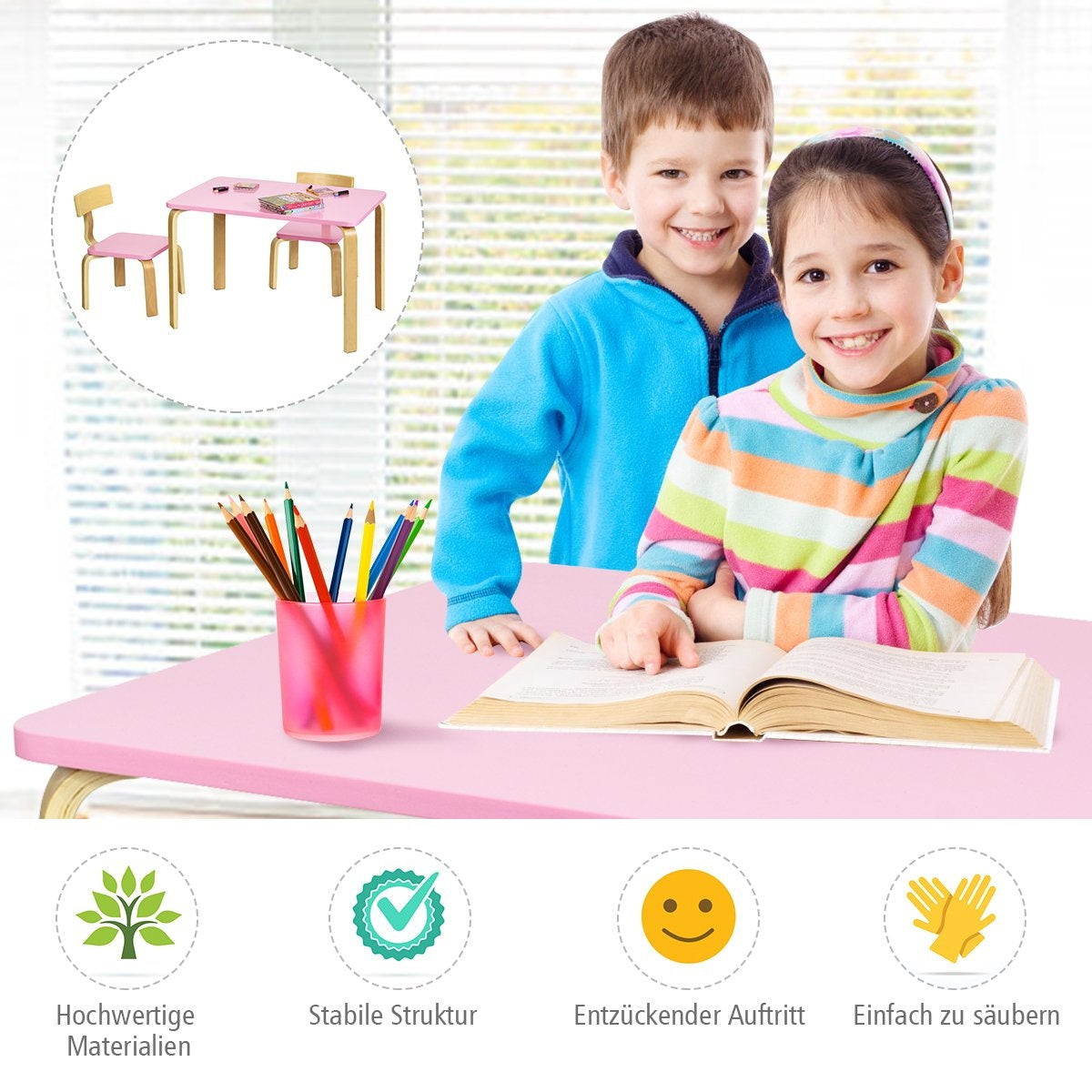 Children's table with 2 wooden chairs 3 pieces. Children's seating group Seating group for children pink