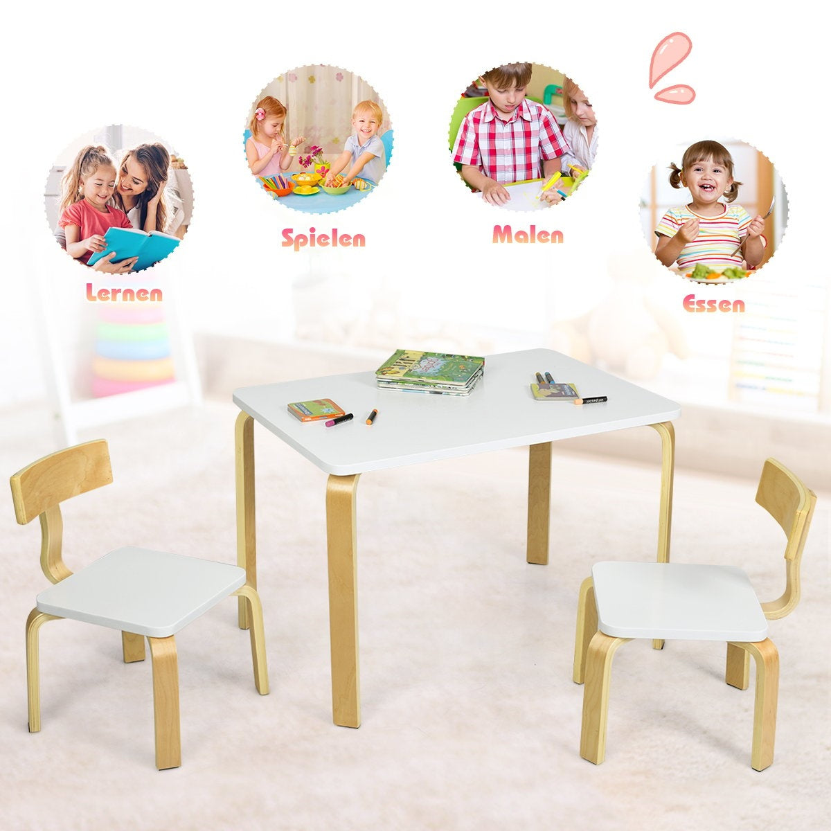 Children's table with 2 wooden chairs 3 pieces. Children's seating group Seating group for children white