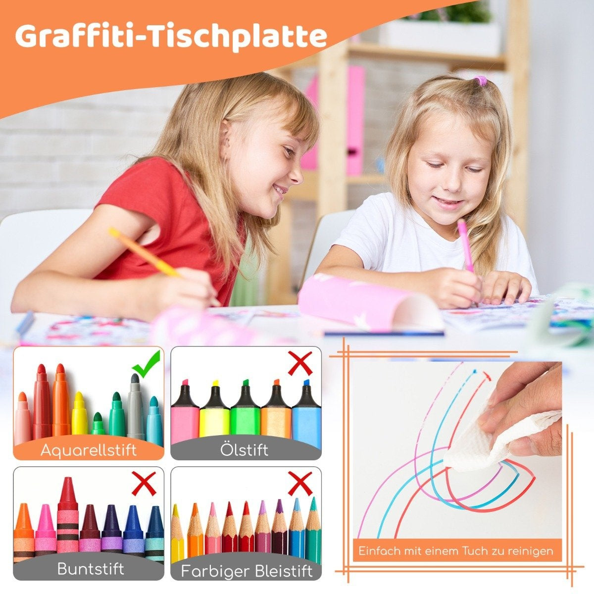 Children's table with 4 chairs set with graffiti table top. Height-adjustable children's seating group natural