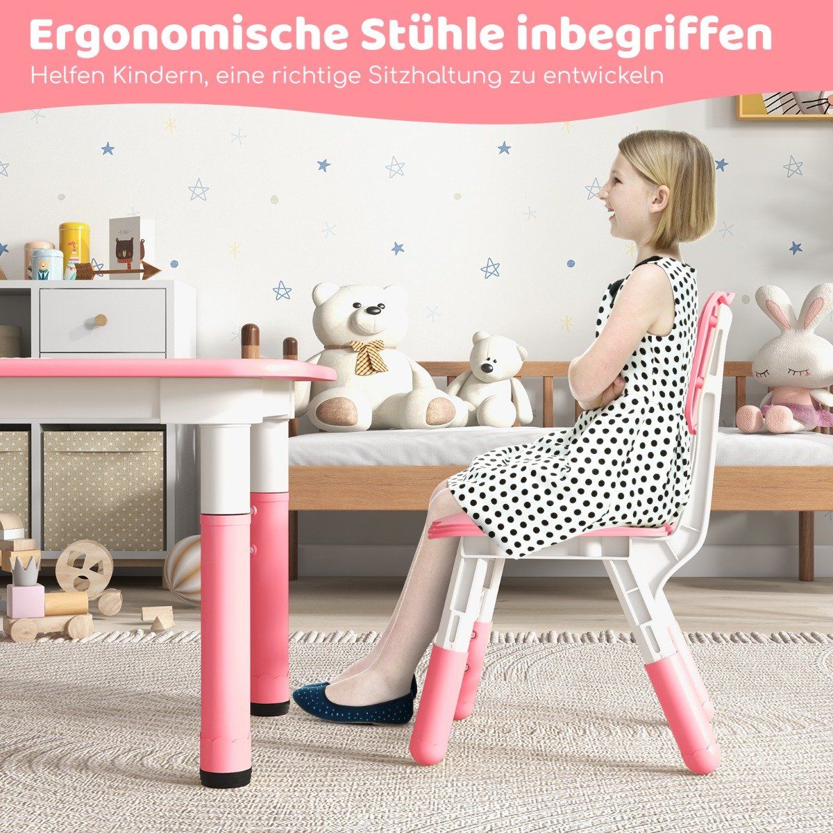 Children's table with 4 chairs set with graffiti table top. Height-adjustable children's seating group pink