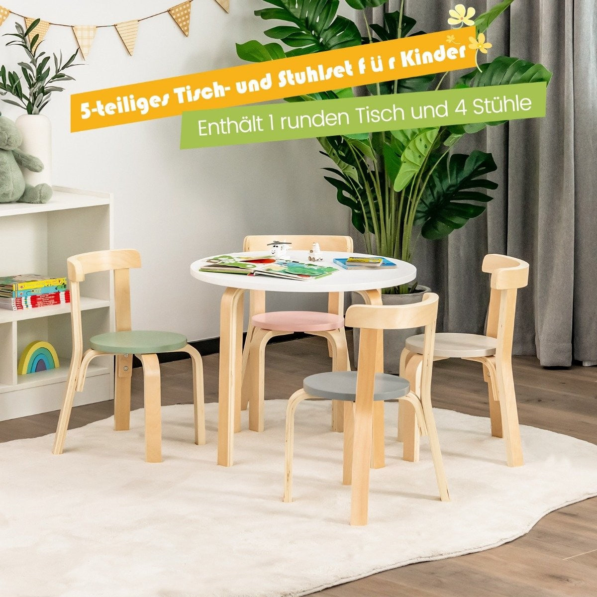 Children's table wooden table with 4 chairs for children children's table and chair set with backrest colorful