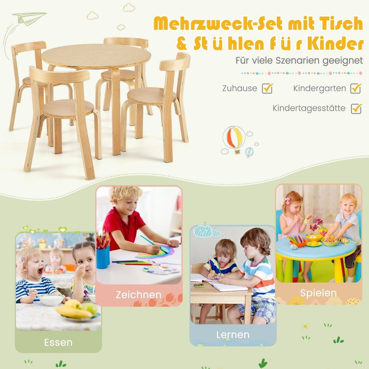Children's table wooden table with 4 chairs for children children's table and chair set with natural backrest