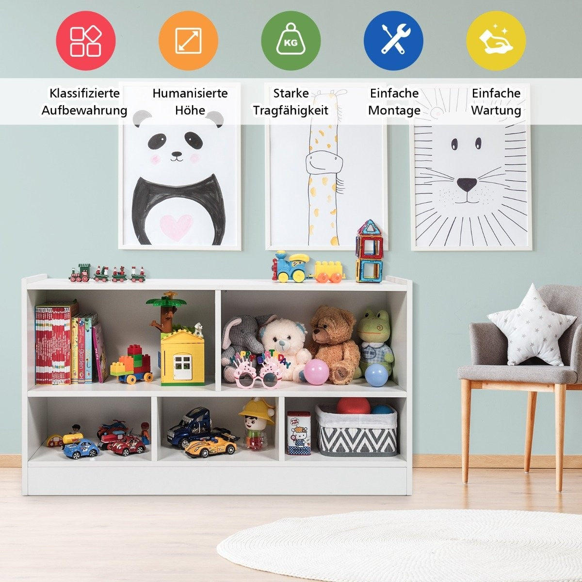 Children's toy cabinet made of wood, children's shelf, bookshelf, 111 x 30 x 61.5 cm, white