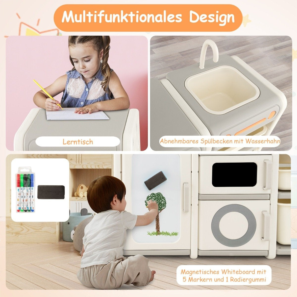 Children's toy cabinet with magnetic whiteboard & removable sink & tap