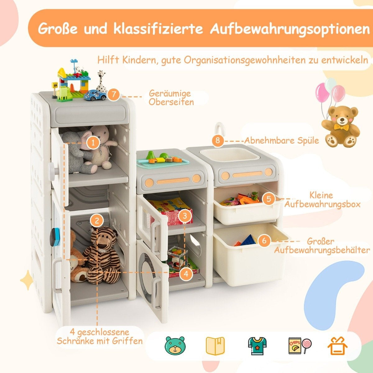 Children's toy cabinet with magnetic whiteboard & removable sink & tap