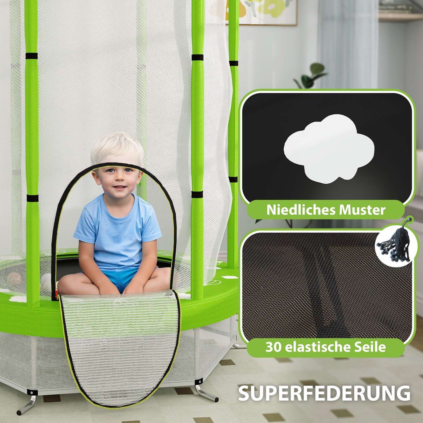 Children's trampoline 140cm with safety net, green