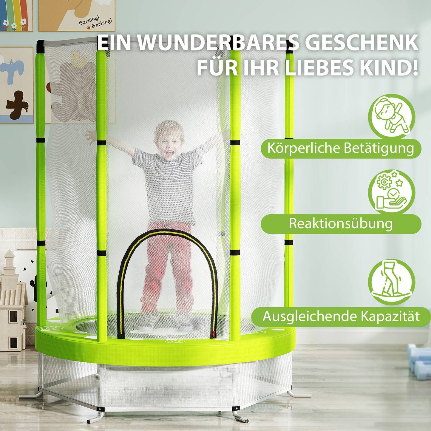 Children's trampoline 140cm with safety net, green