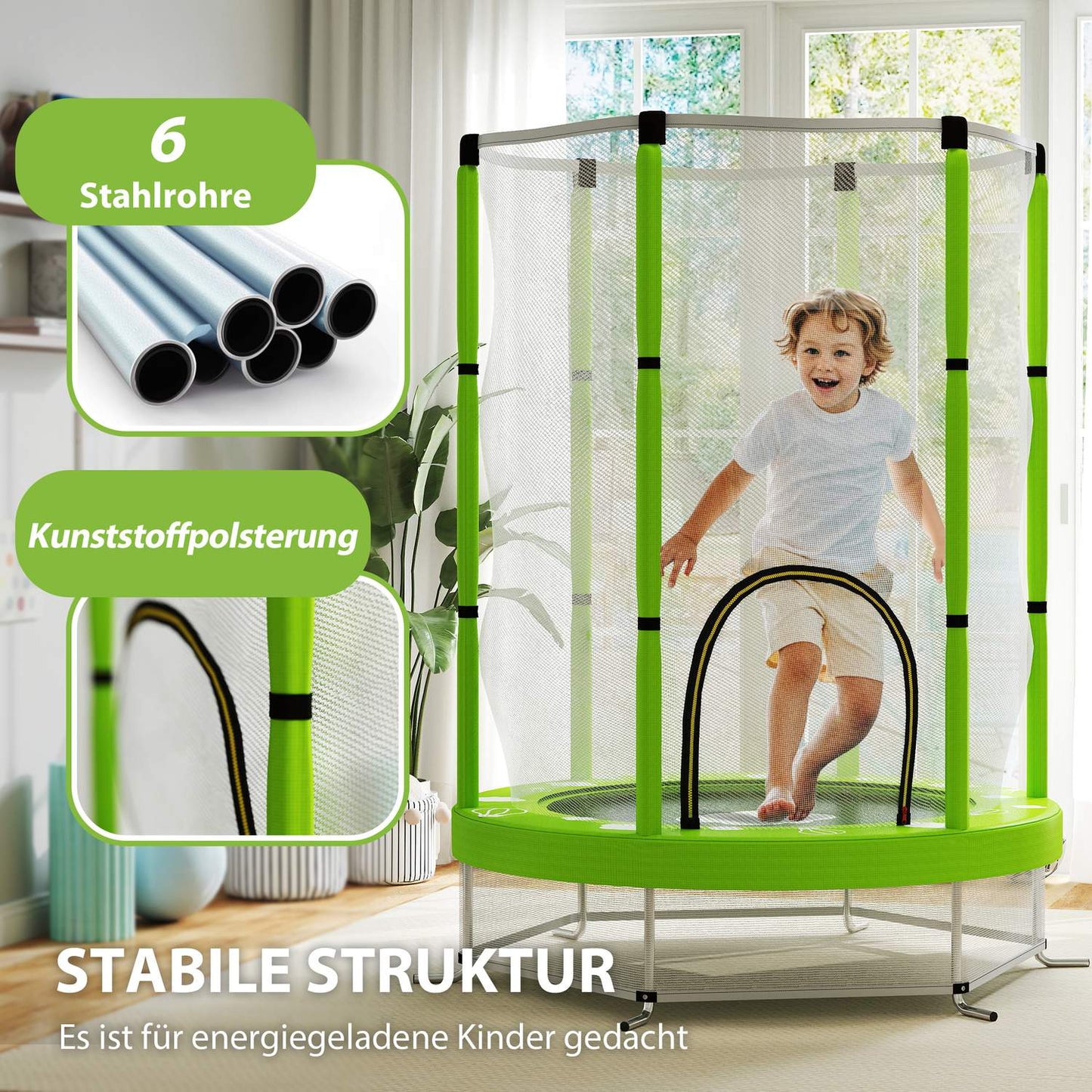 Children's trampoline 140cm with safety net, green