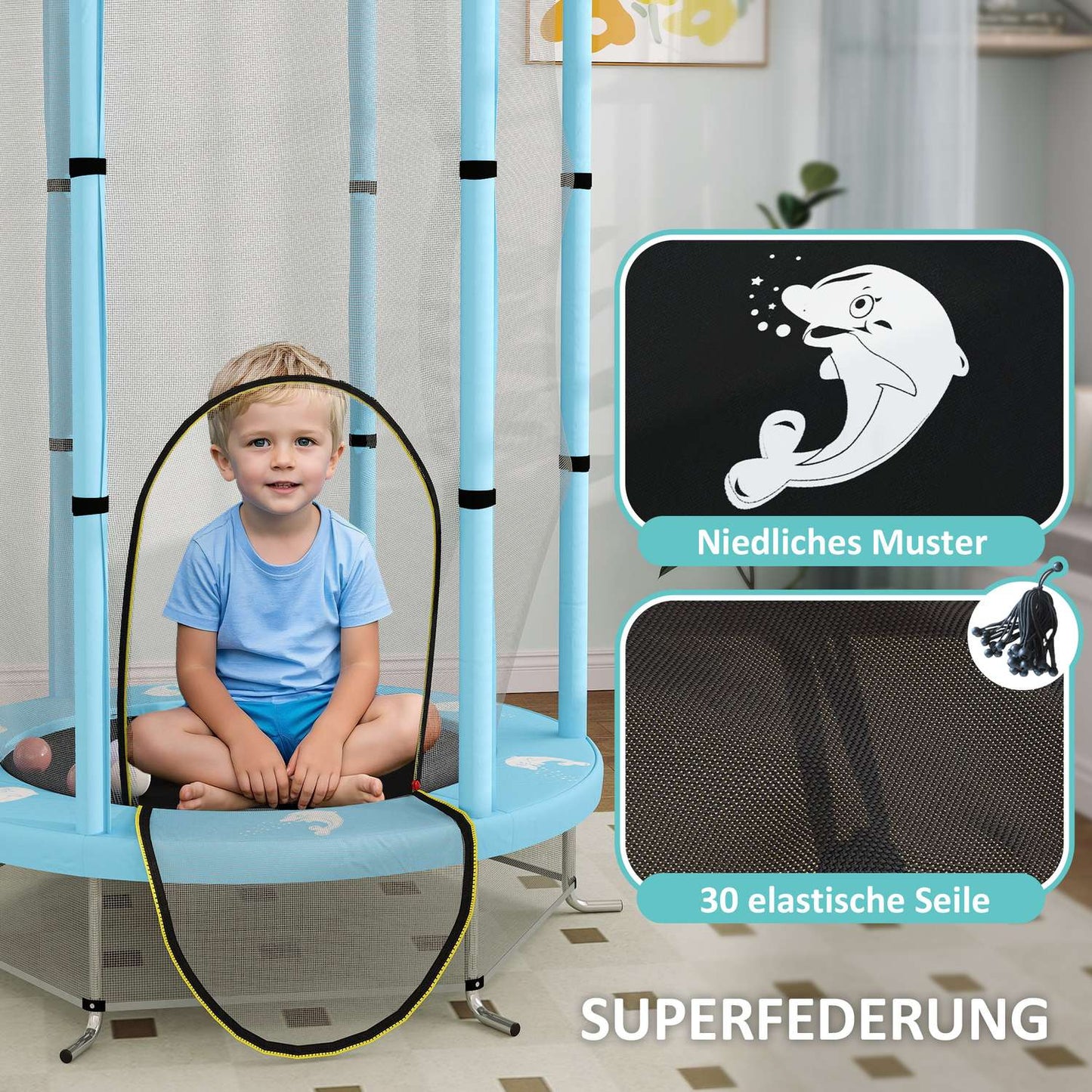 Indoor trampoline for children, Ø140 cm - Safety net, Zip Door