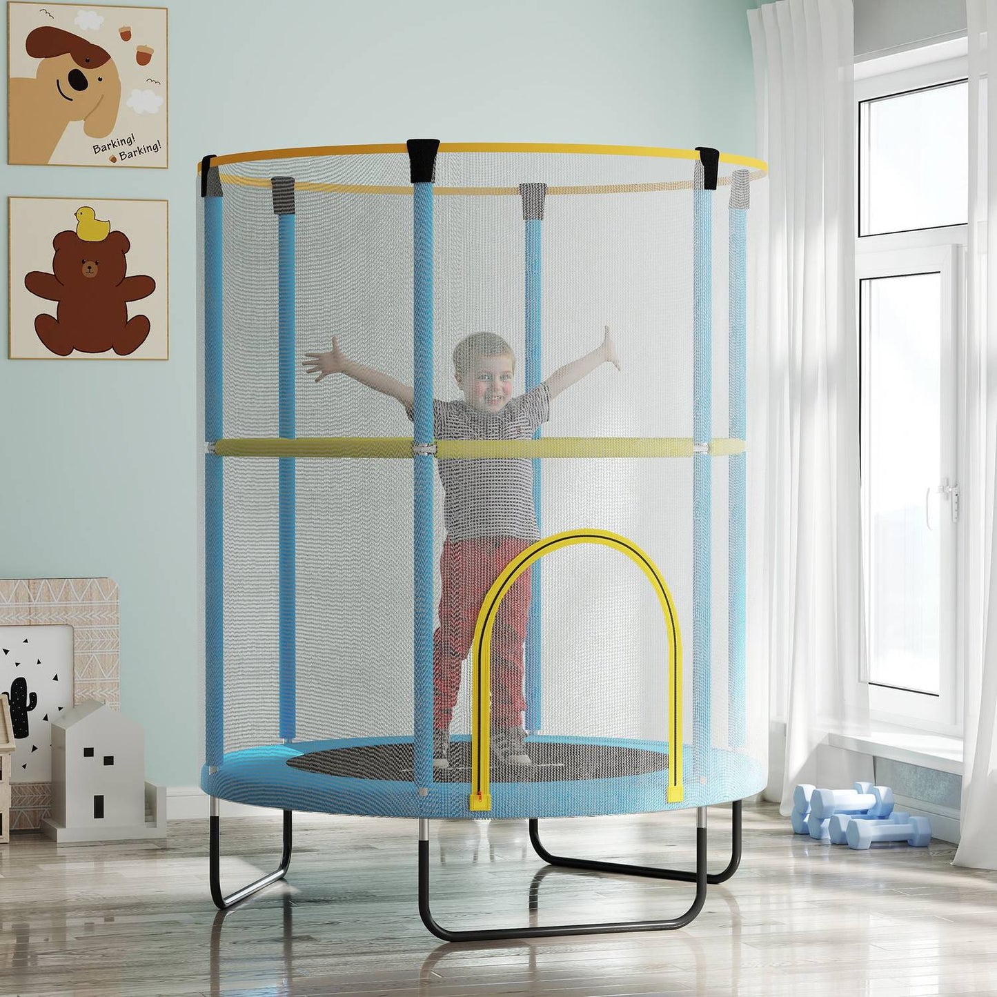 Indoor trampoline for children with safety net, 140 cm, dark blue