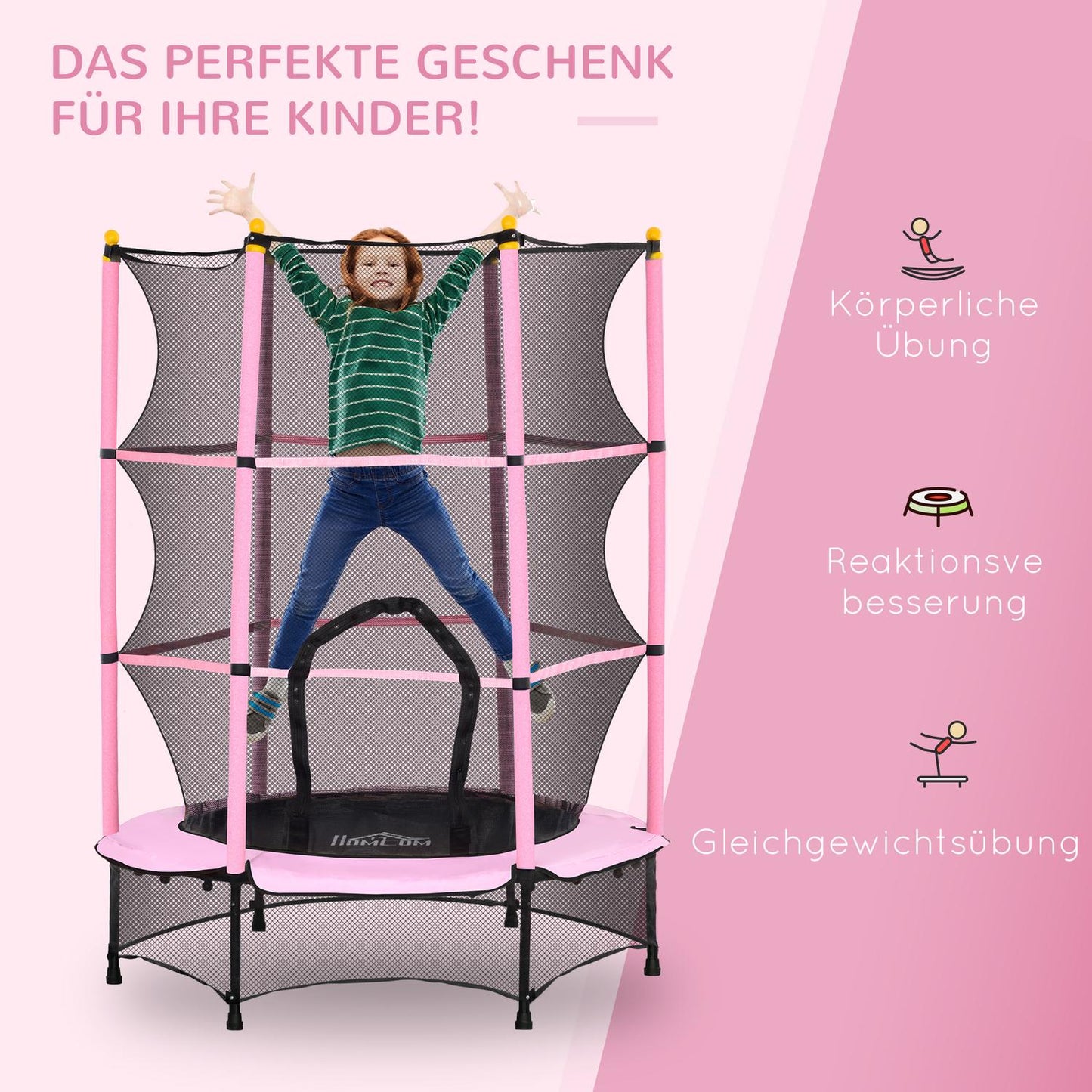 Children's trampoline with safety net, Pink, Ø140 cm