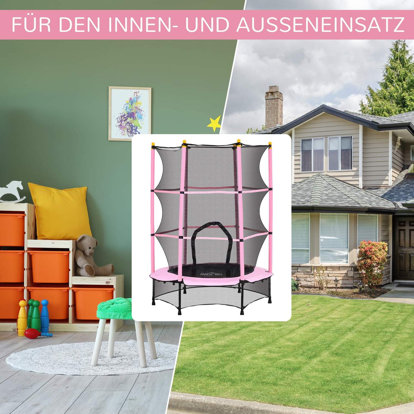 Children's trampoline with safety net, Pink, Ø140 cm
