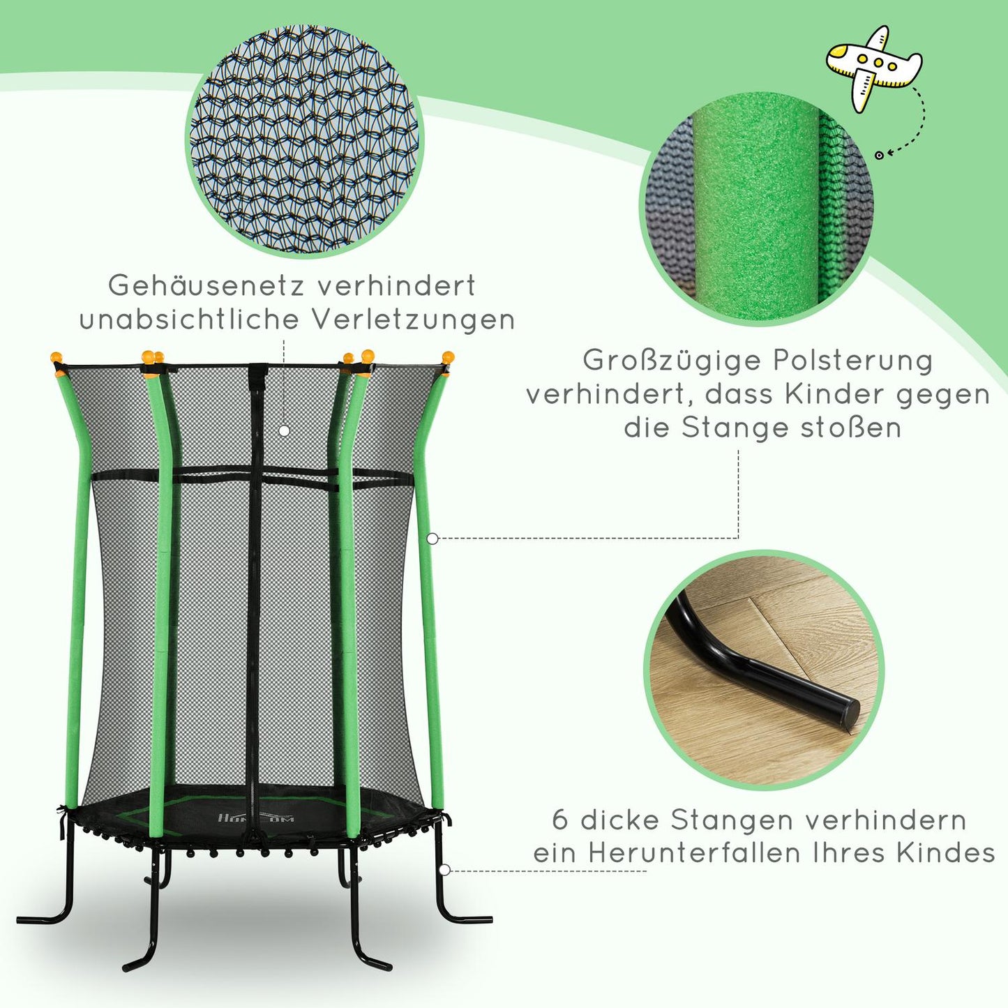 Children's trampoline with safety net, Ø163.5 cm, green