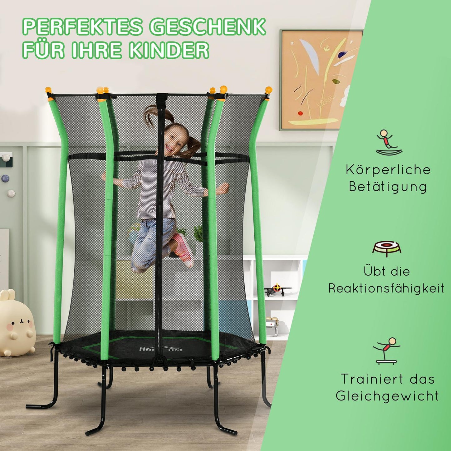 Children's trampoline with safety net, Ø163.5 cm, green