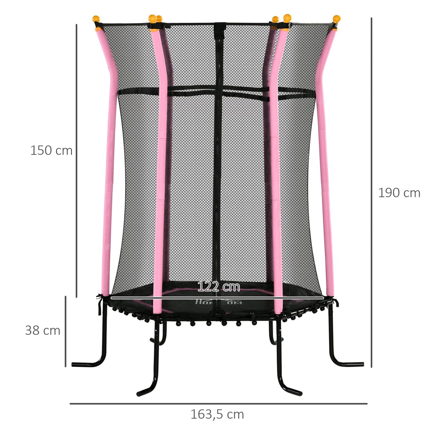 Children's 163.5 cm pink trampoline with safety net, up to 50 kg