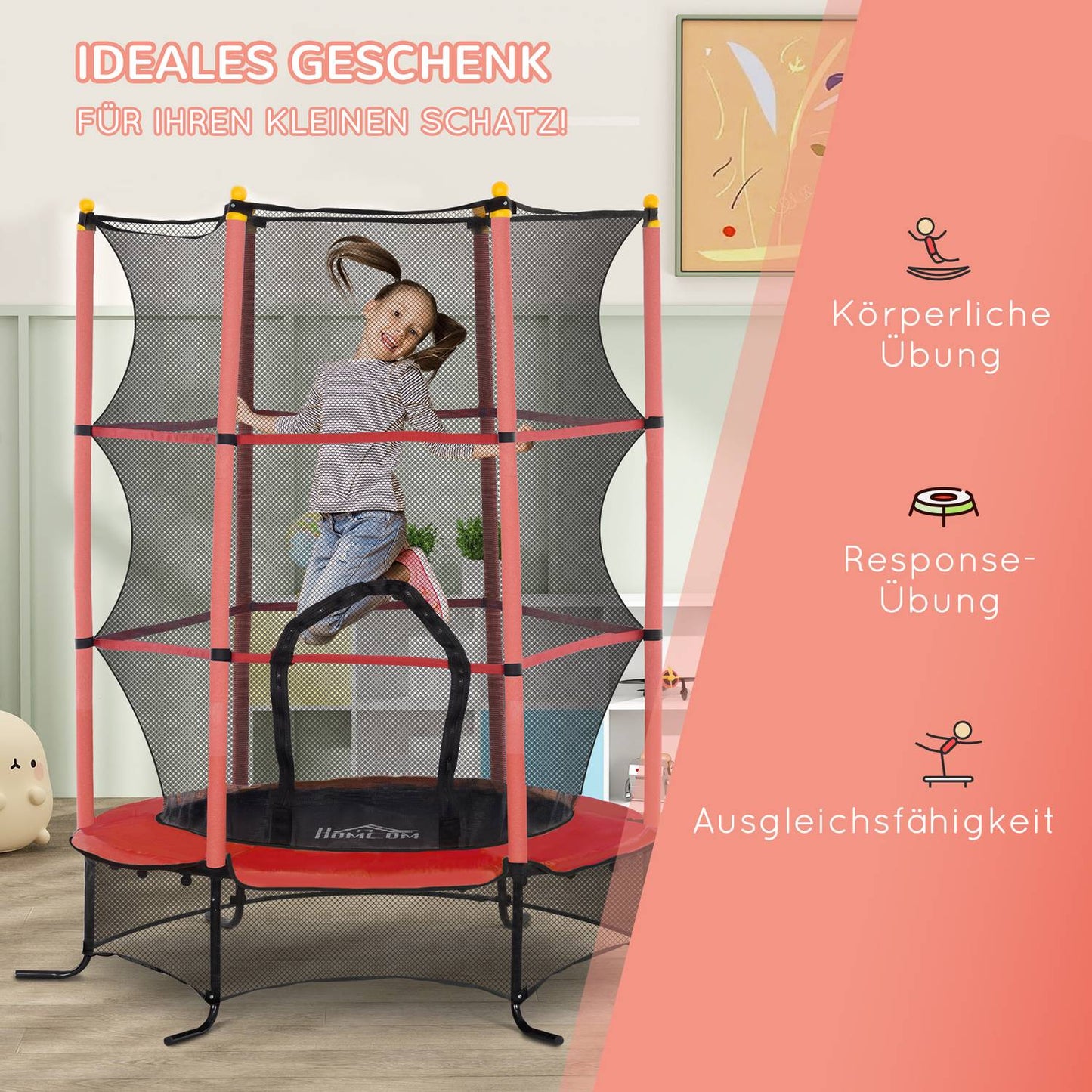 Children's trampoline with safety net, 163 cm, red