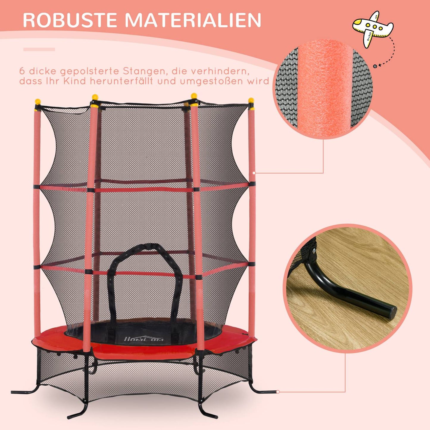 Children's trampoline with safety net, 163 cm, red