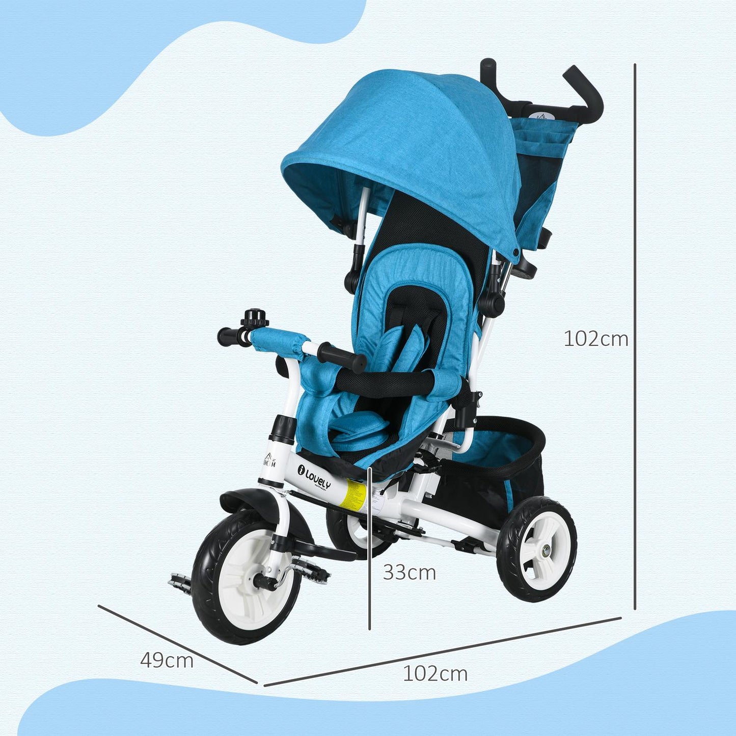 Children's tricycle, children's bike, back basket, cup holder, sun canopy, metal, blue