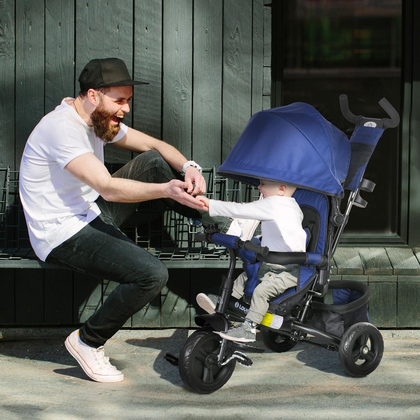 Toddler Tricycle with Push Handle, Sun Canopy, Dark Blue