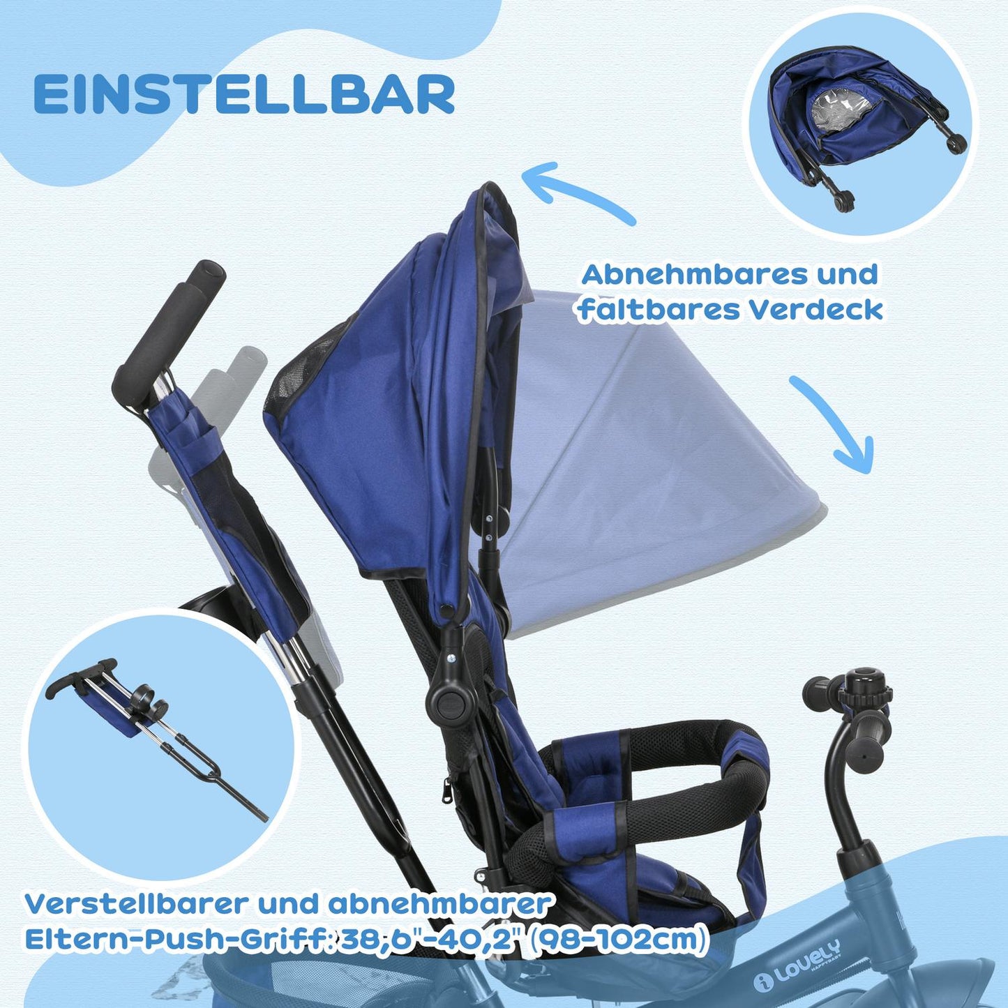 Toddler Tricycle with Push Handle, Sun Canopy, Dark Blue