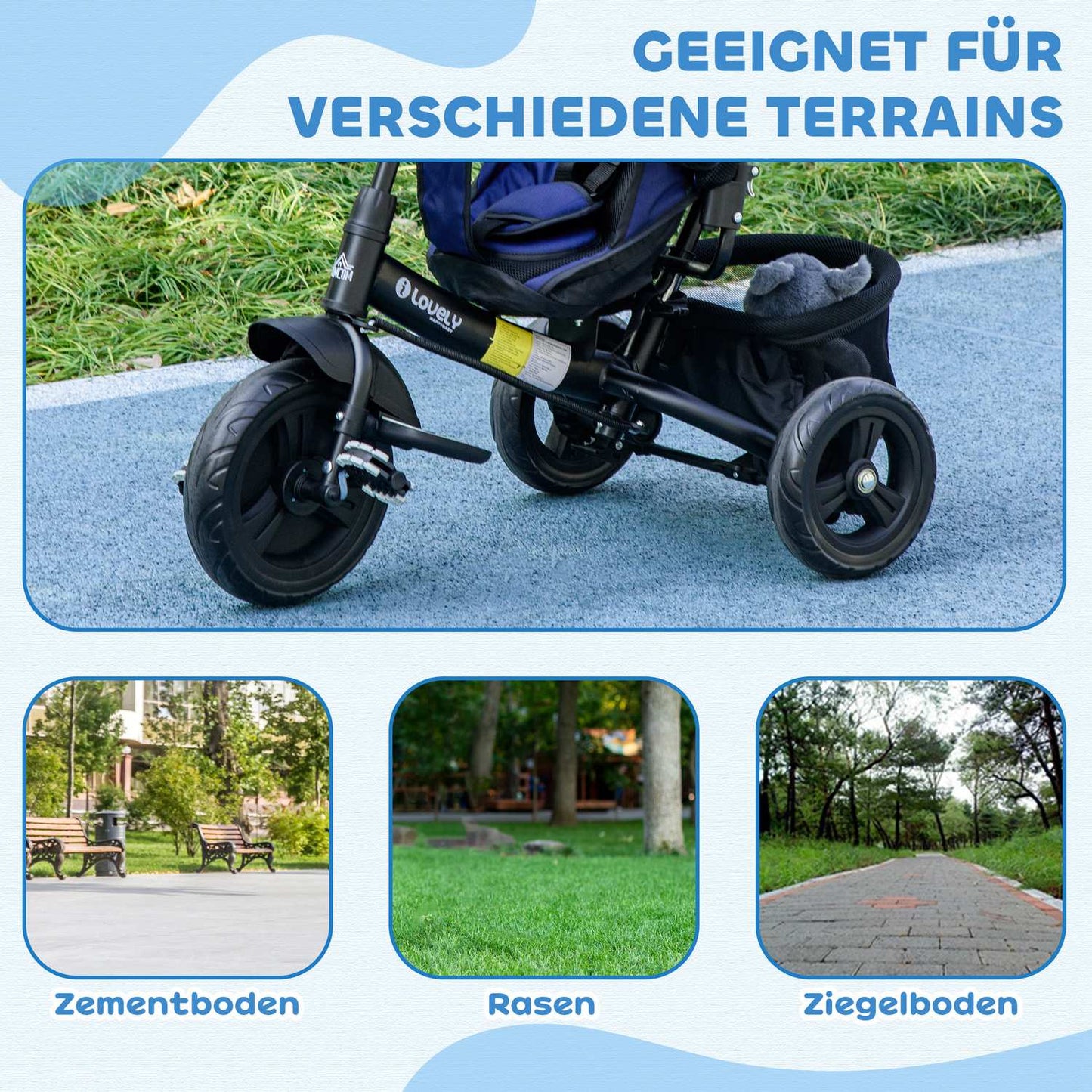 Toddler Tricycle with Push Handle, Sun Canopy, Dark Blue