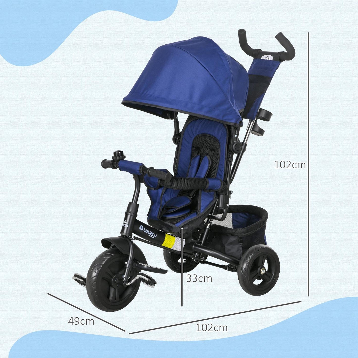 Toddler Tricycle with Push Handle, Sun Canopy, Dark Blue