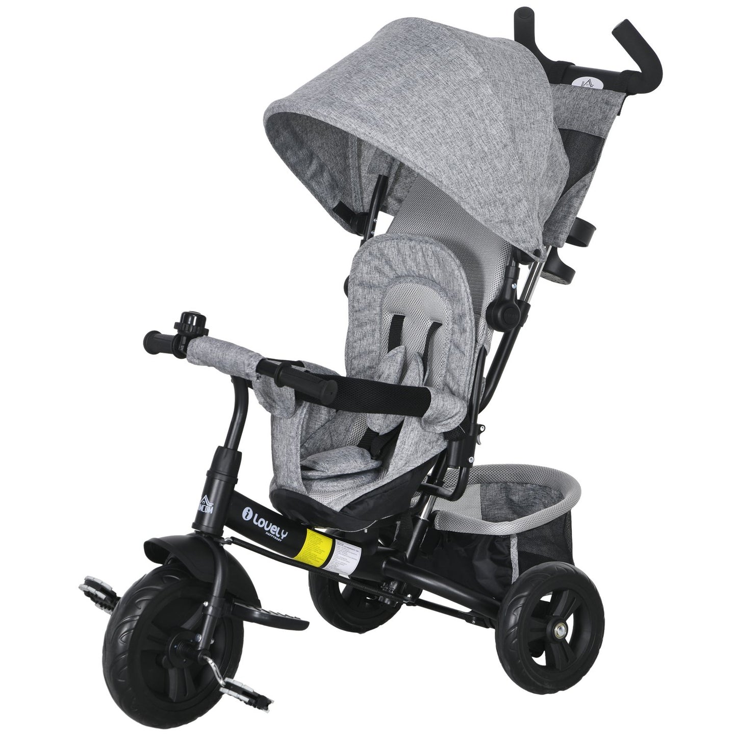Toddler Tricycle with Push Handle, Sun Canopy, Grey
