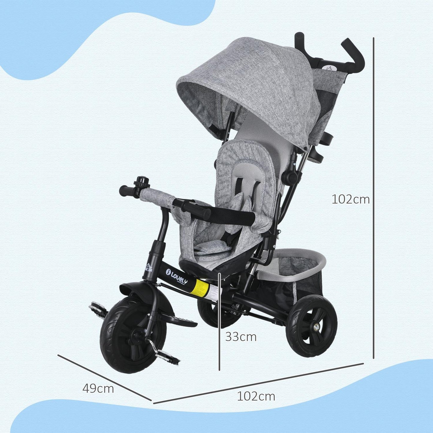 Toddler Tricycle with Push Handle, Sun Canopy, Grey