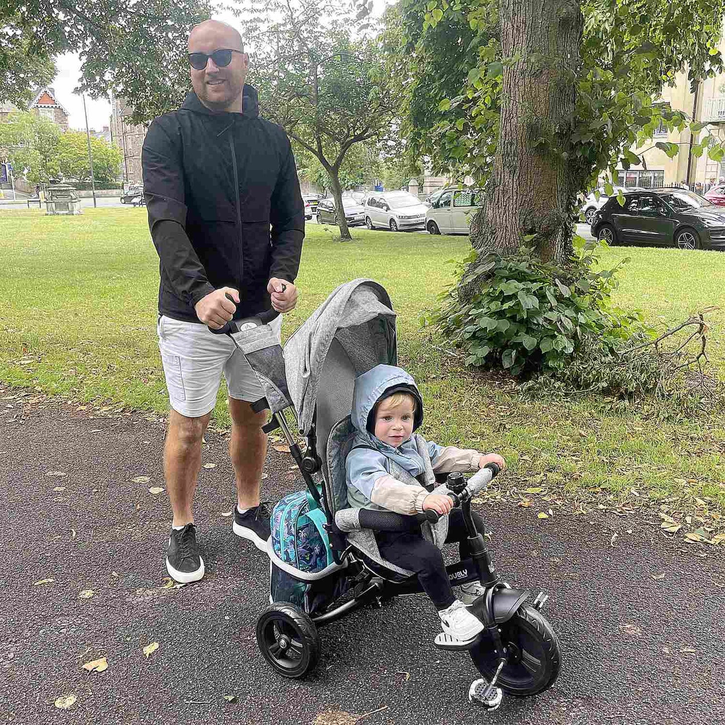 Toddler Tricycle with Push Handle, Sun Canopy, Grey