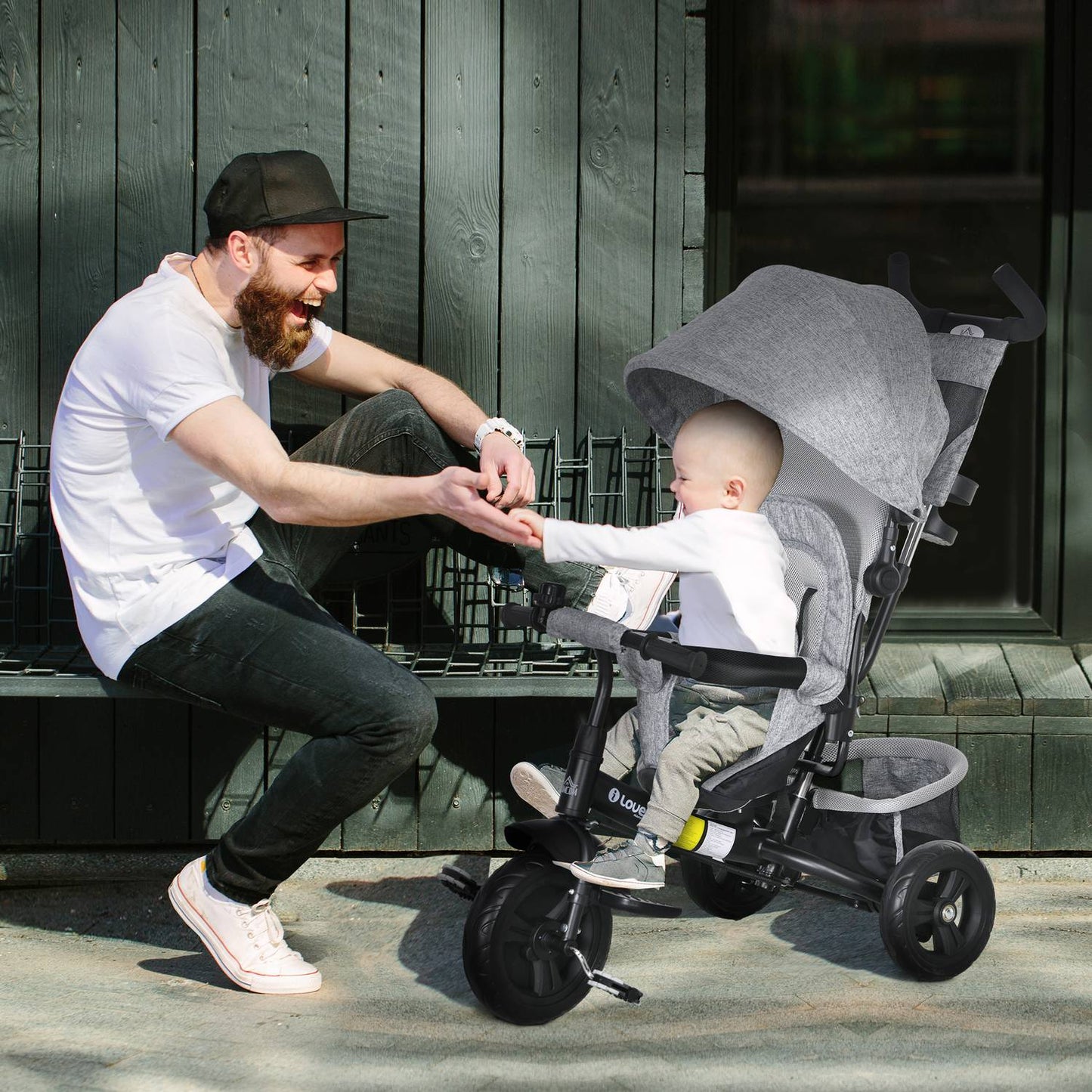 Toddler Tricycle with Push Handle, Sun Canopy, Grey