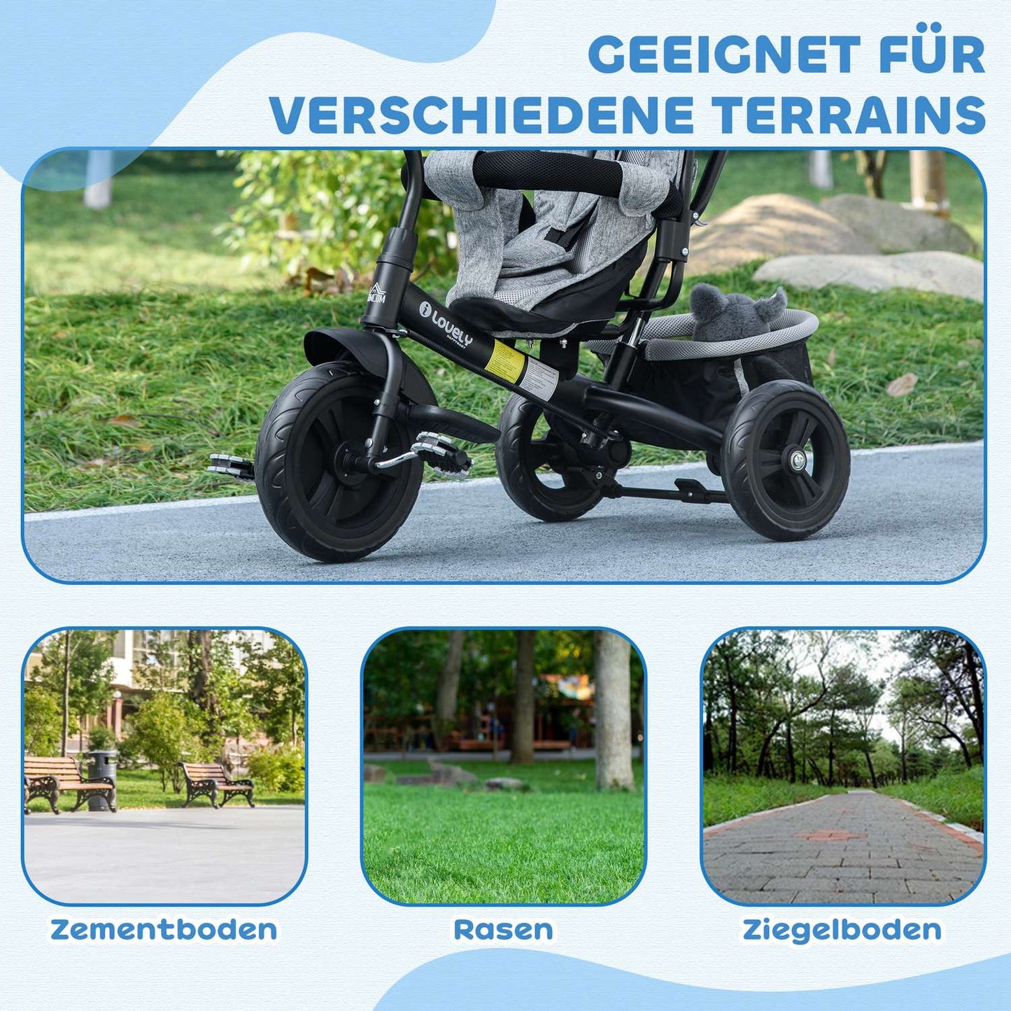Toddler Tricycle with Push Handle, Sun Canopy, Grey