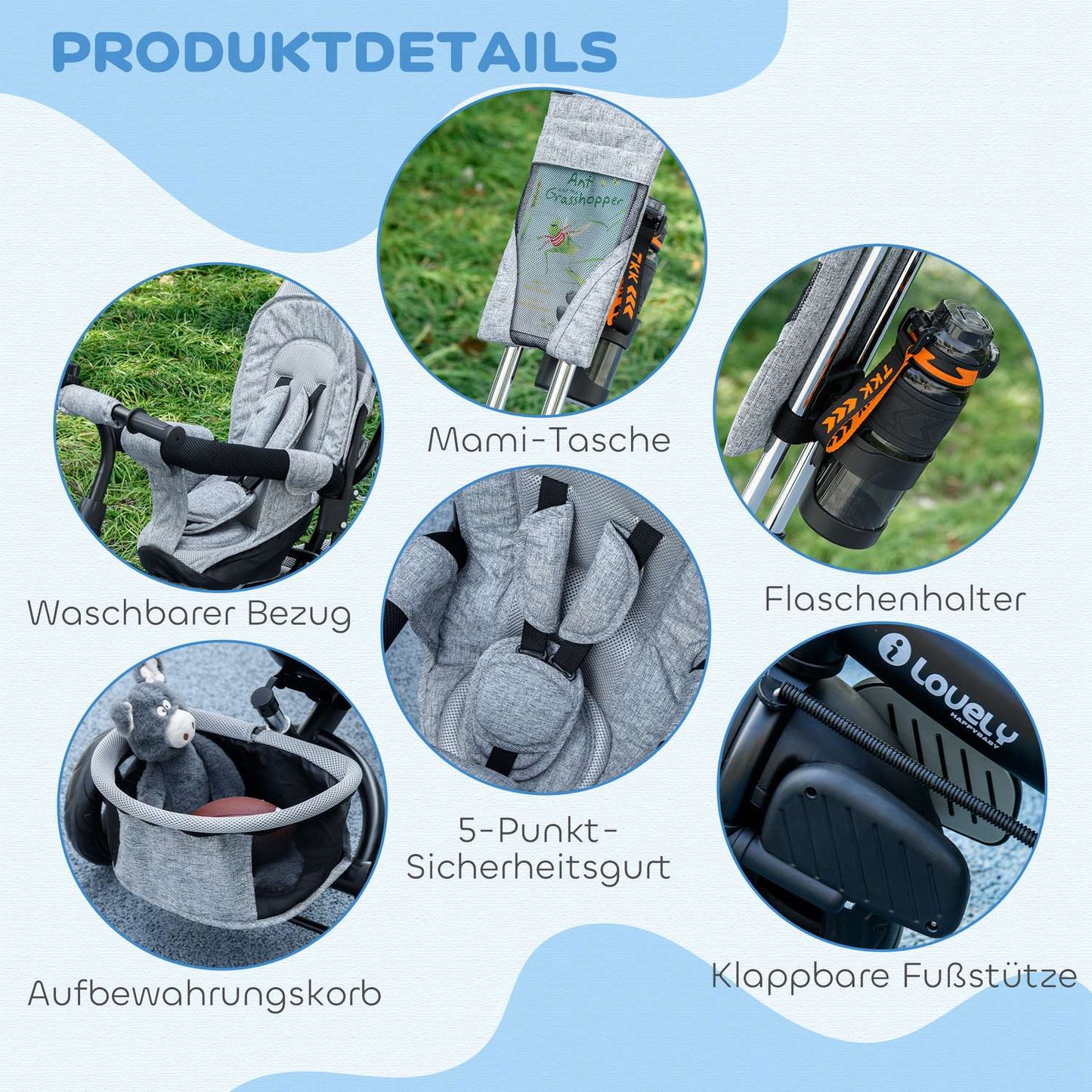 Toddler Tricycle with Push Handle, Sun Canopy, Grey