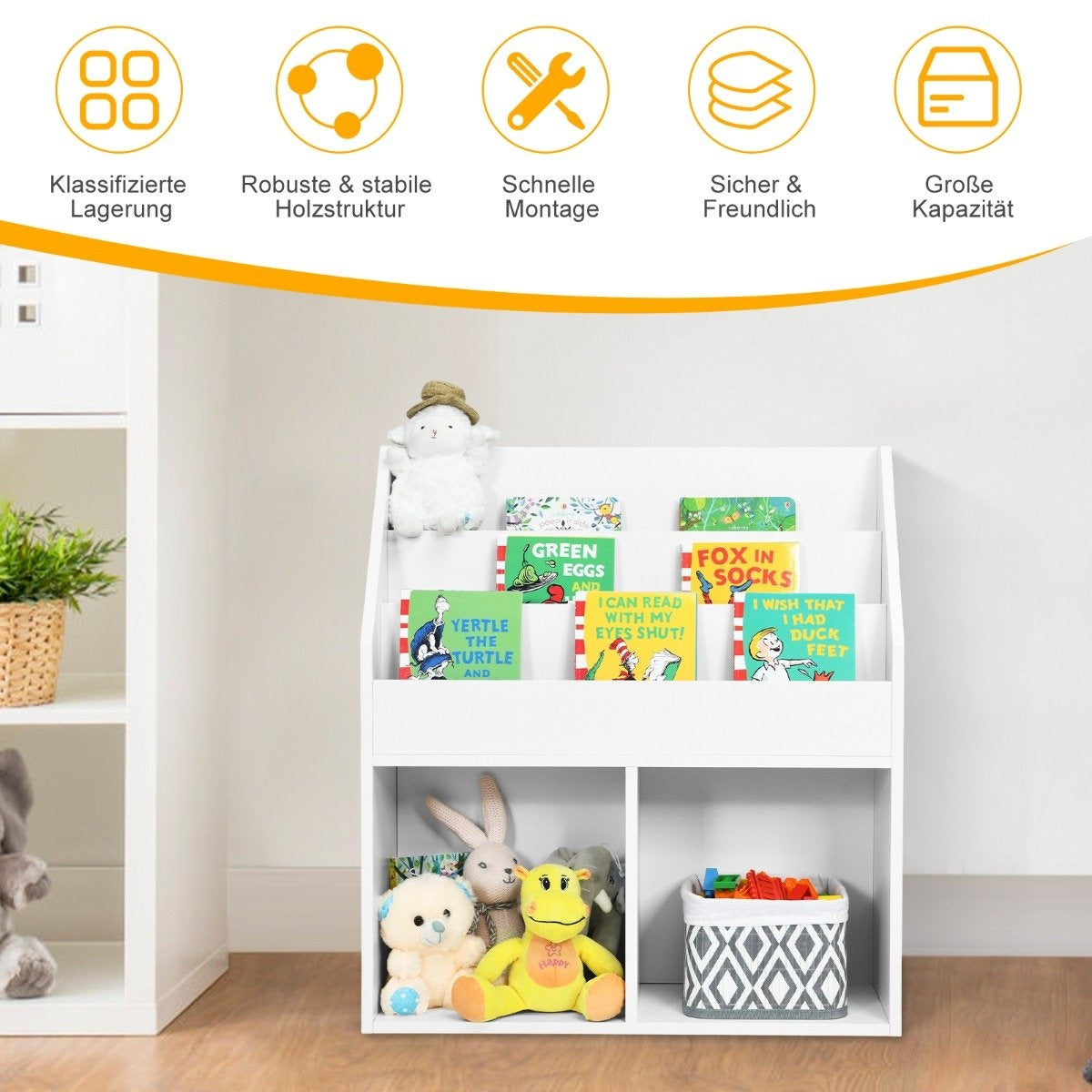 Children's wooden bookcase with 3 tiers & 2 shelves toy shelf white