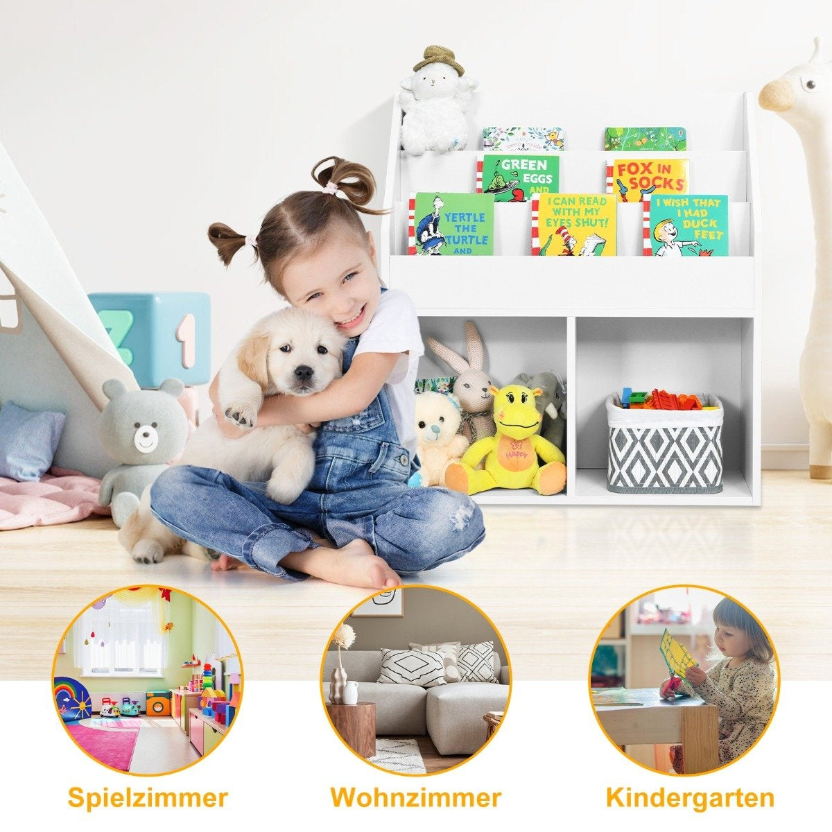 Children's wooden bookcase with 3 tiers & 2 shelves toy shelf white