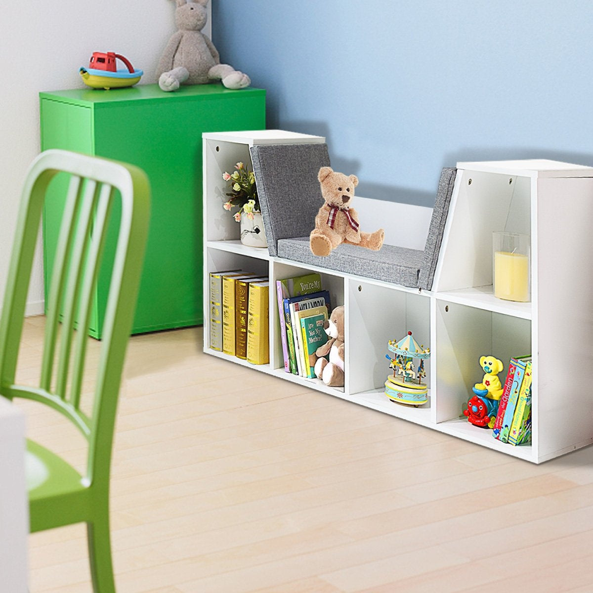 Children's wooden bookcase with cushions and back wall cube shelf 102.5 x 30 x 63.5 cm white