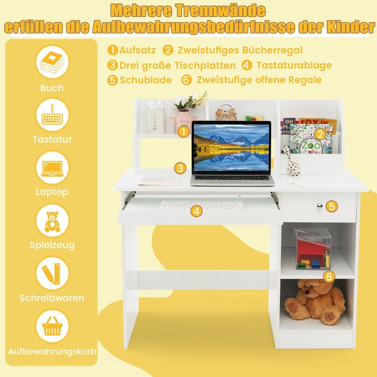Children's wooden desk with storage & bookshelf & keyboard tray & drawer white