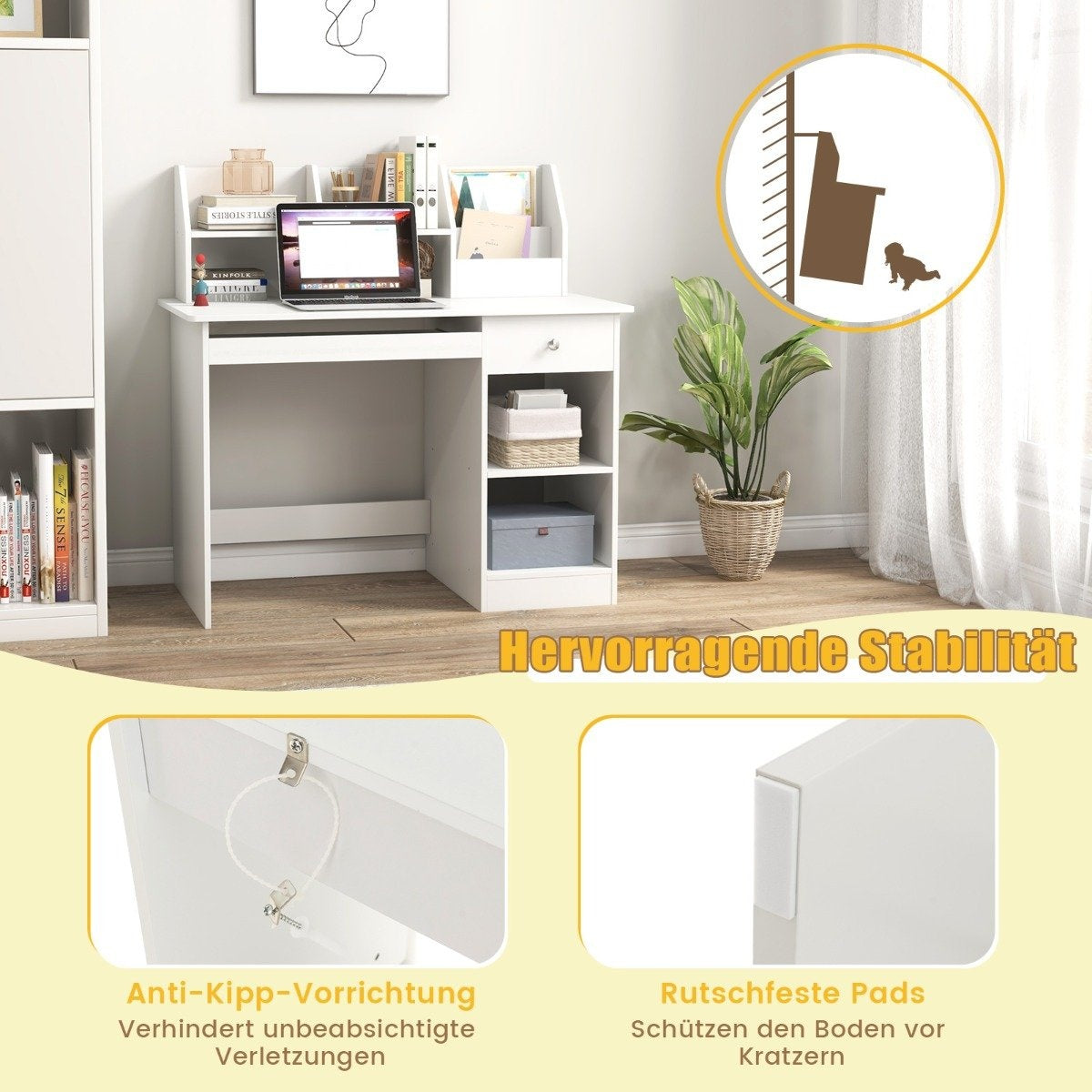 Children's wooden desk with storage & bookshelf & keyboard tray & drawer white