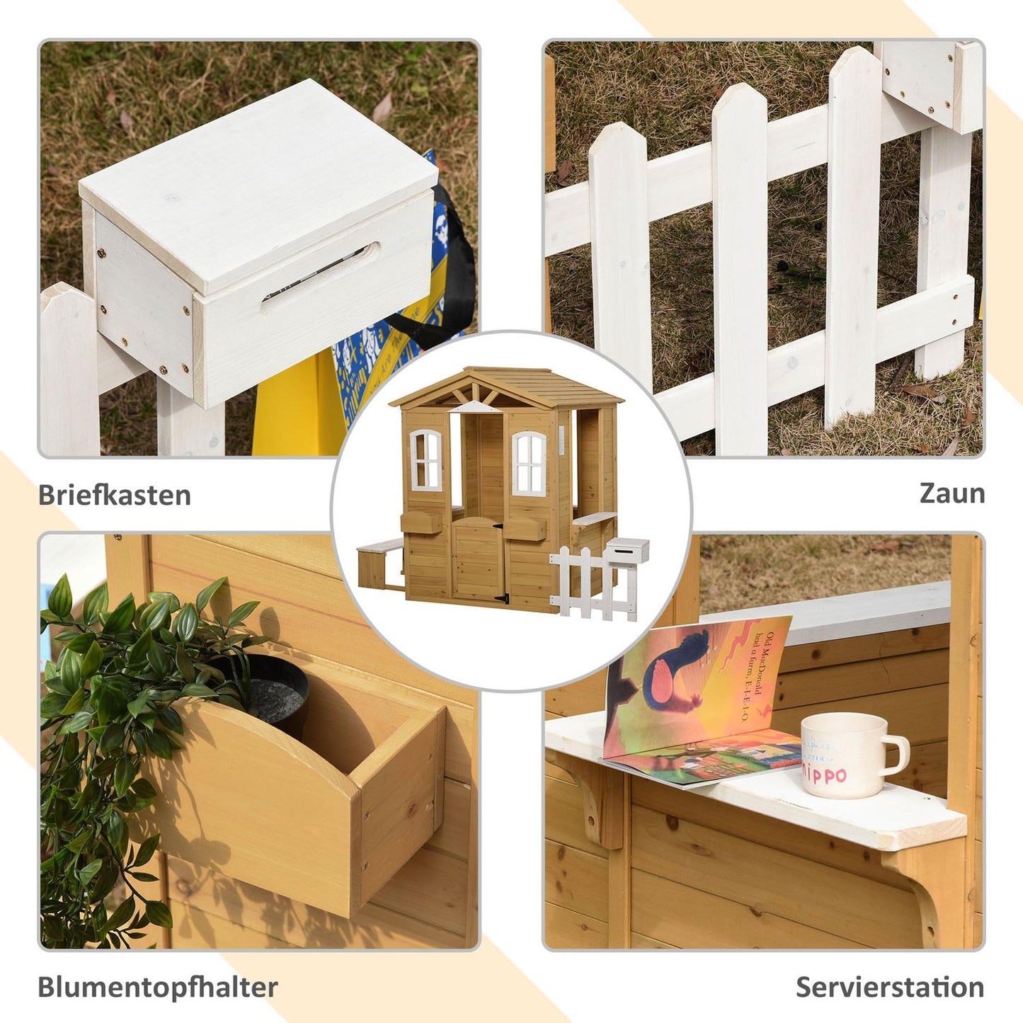 Children's wooden playhouse Outdoor playhouse with door, window and planter mailbox bench for children 3-6 years